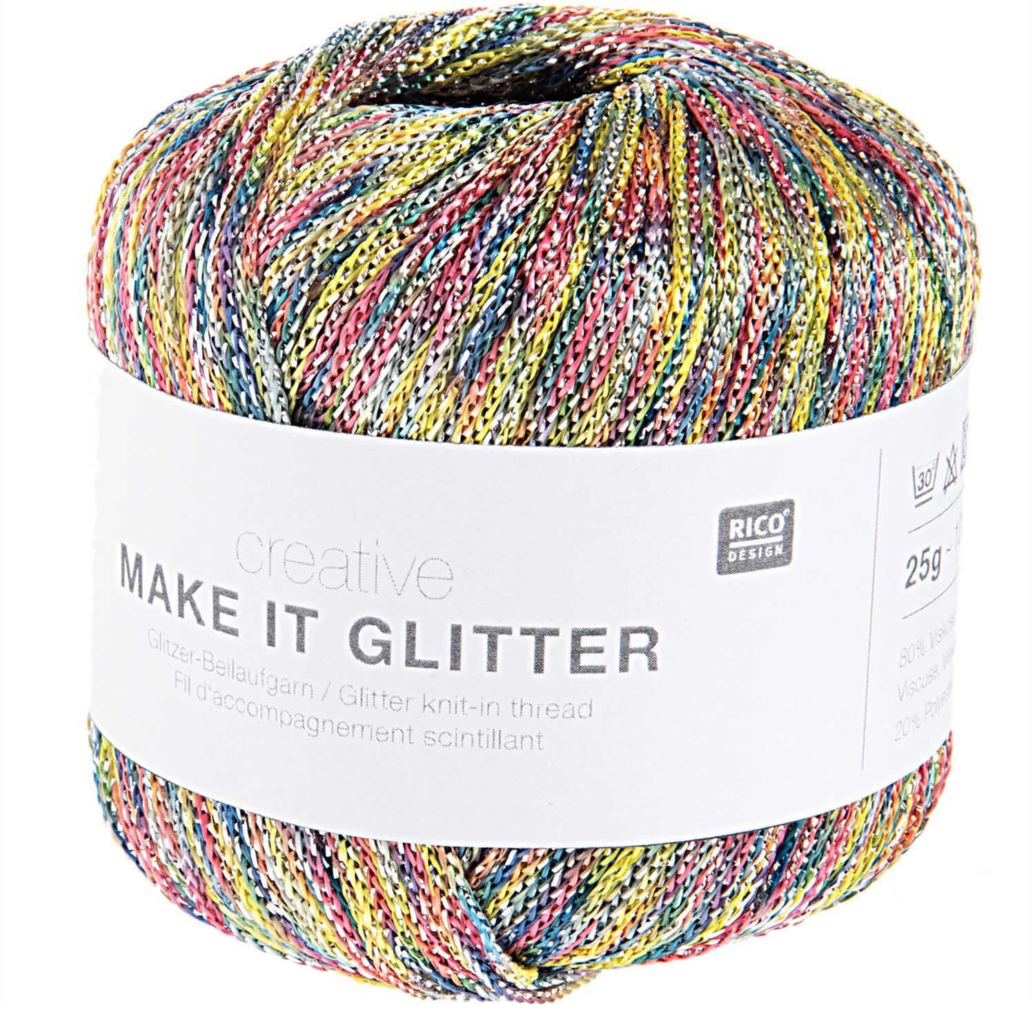 Creative Make it Glitter: Bunter Glitzergarn von Rico Design, ideal für kreative Strickprojekte.