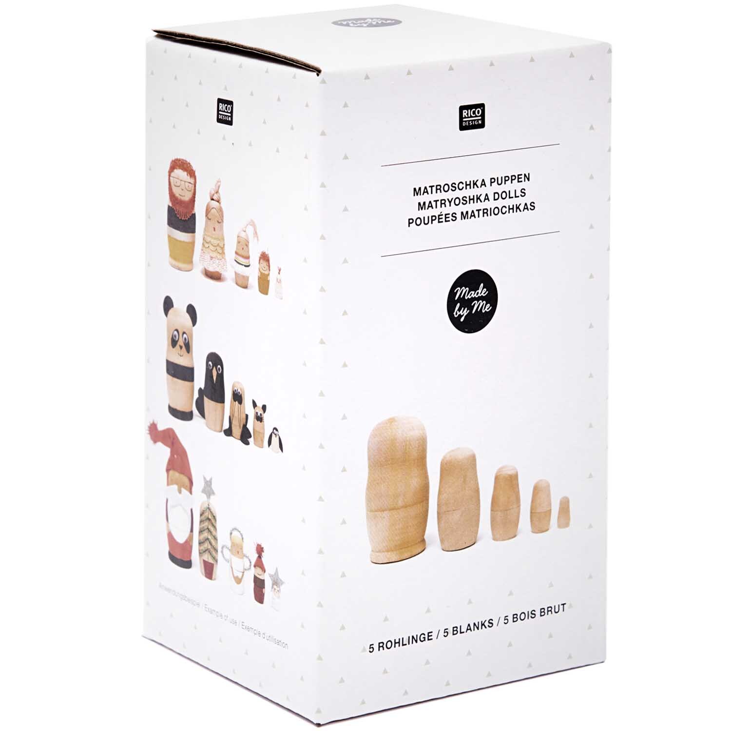 Matroschka Puppenrohlinge 5 Stück von Rico Design in einer weißen Verpackung mit Abbildungen der Puppen.