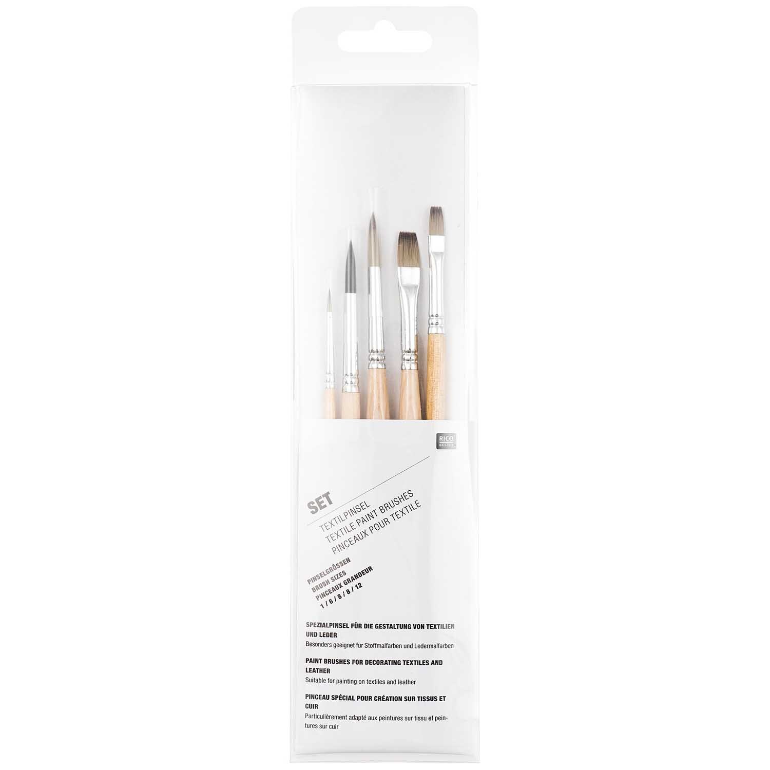 Textilpinselset, 5-teilig: Hochwertige Pinsel in Naturtönen, ideal für kreative Textilarbeiten.