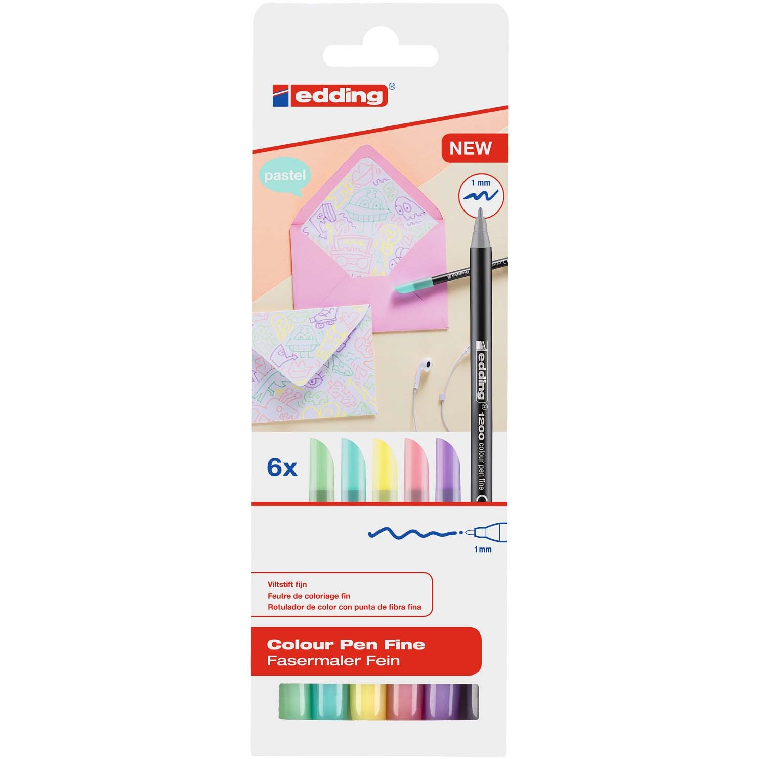 1200 color pastell 6 Stück von edding: Verpackung mit sechs farbigen Fasermalern und kreativen Designs. Ideal für feine Linien und farbenfrohe Kunstwerke.