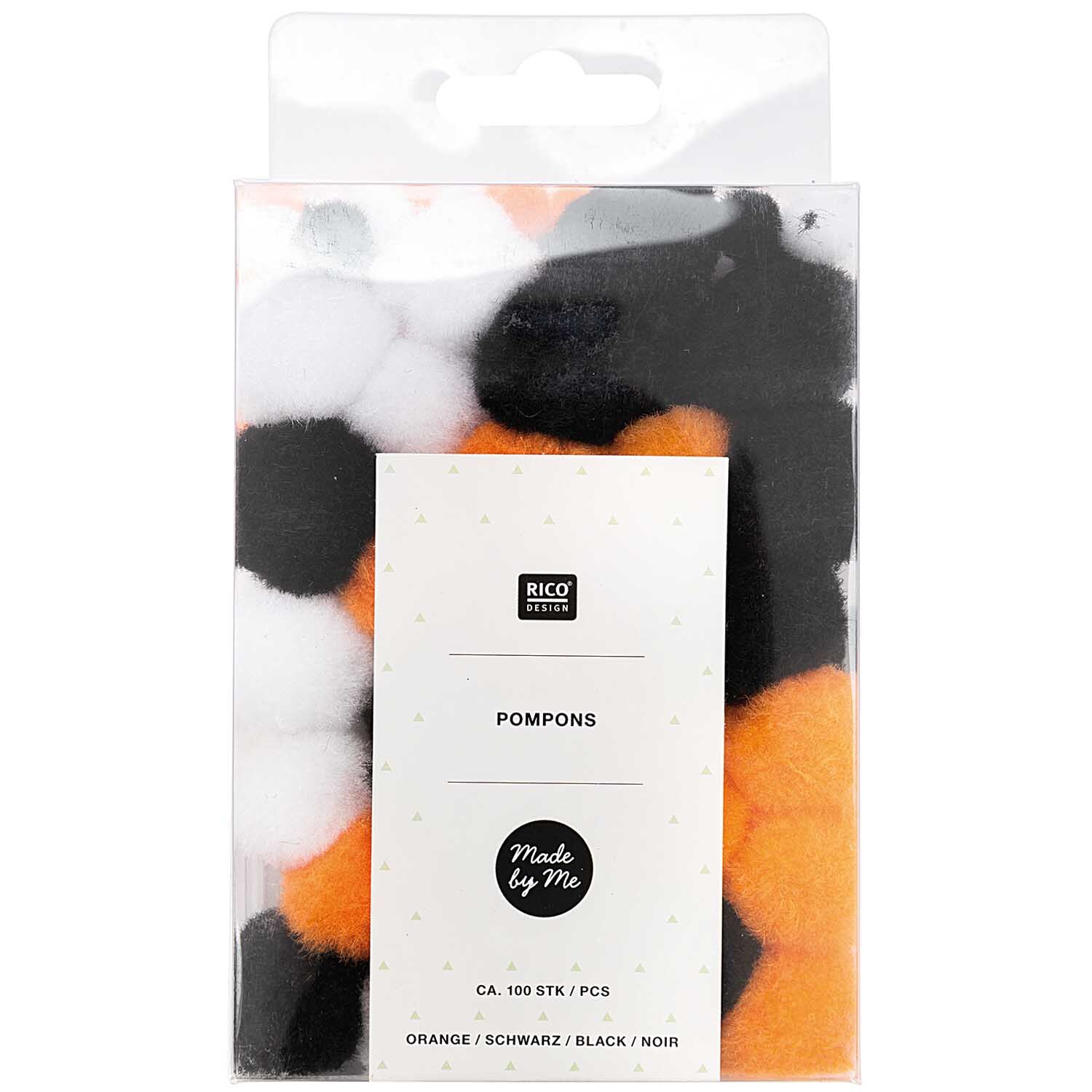 Pompons 8mm 20mm ca. 100 Stück in Orange-Schwarz von Rico Design, verpackt in einer transparenten Tüte. Ideal für kreative Bastelprojekte.