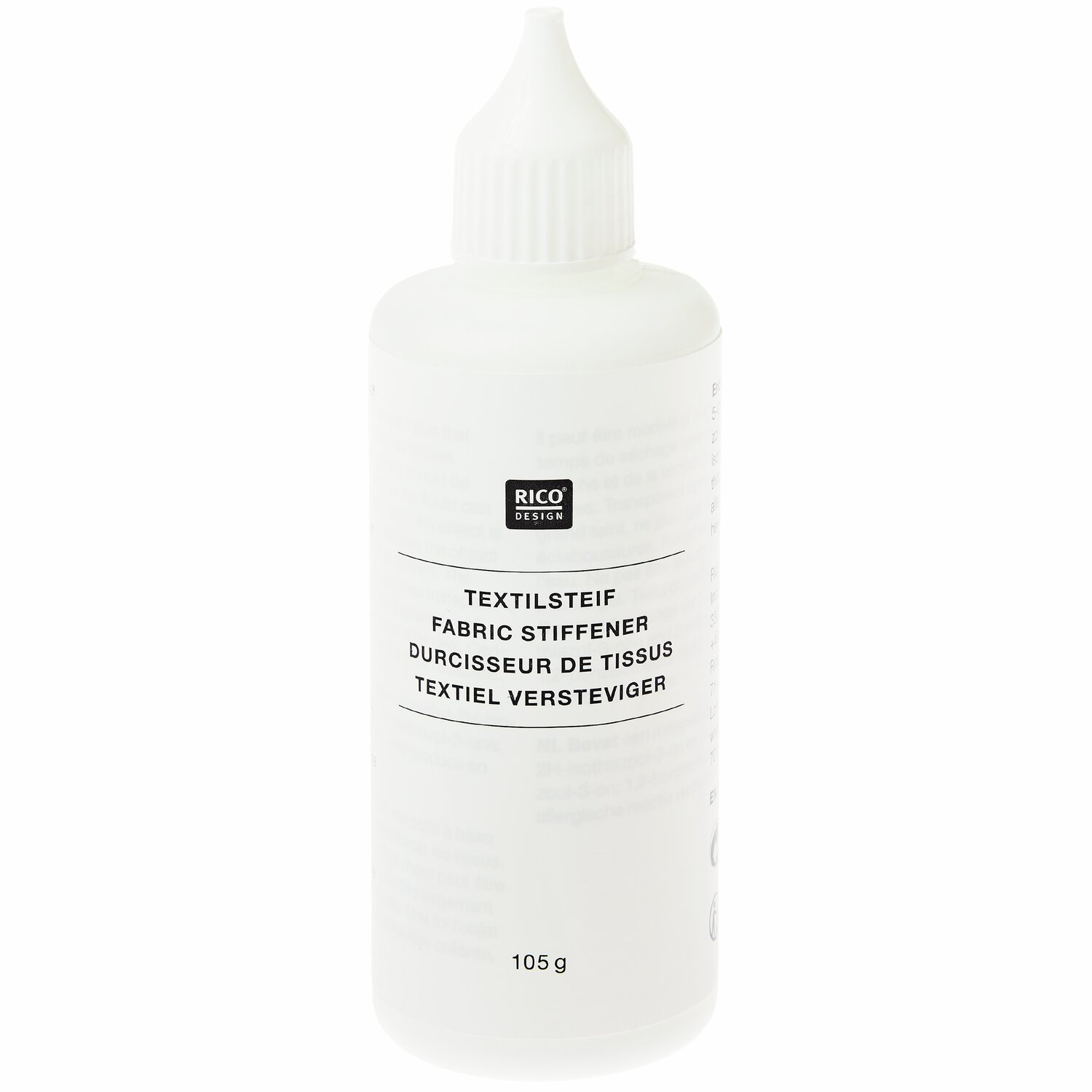 Textilsteif von Rico Design, 105g Flasche, transparent. Ideal zum Versteifen von Stoffen.