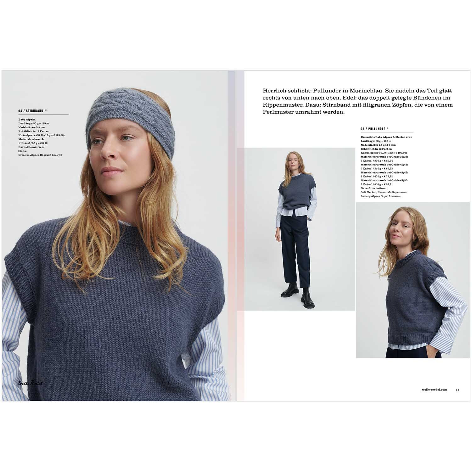 Die Neue Masche Nr. 04 Herbst zeigt ein Modell in einem grauen Strickpullover und Stirnband von Wolle Rödel.