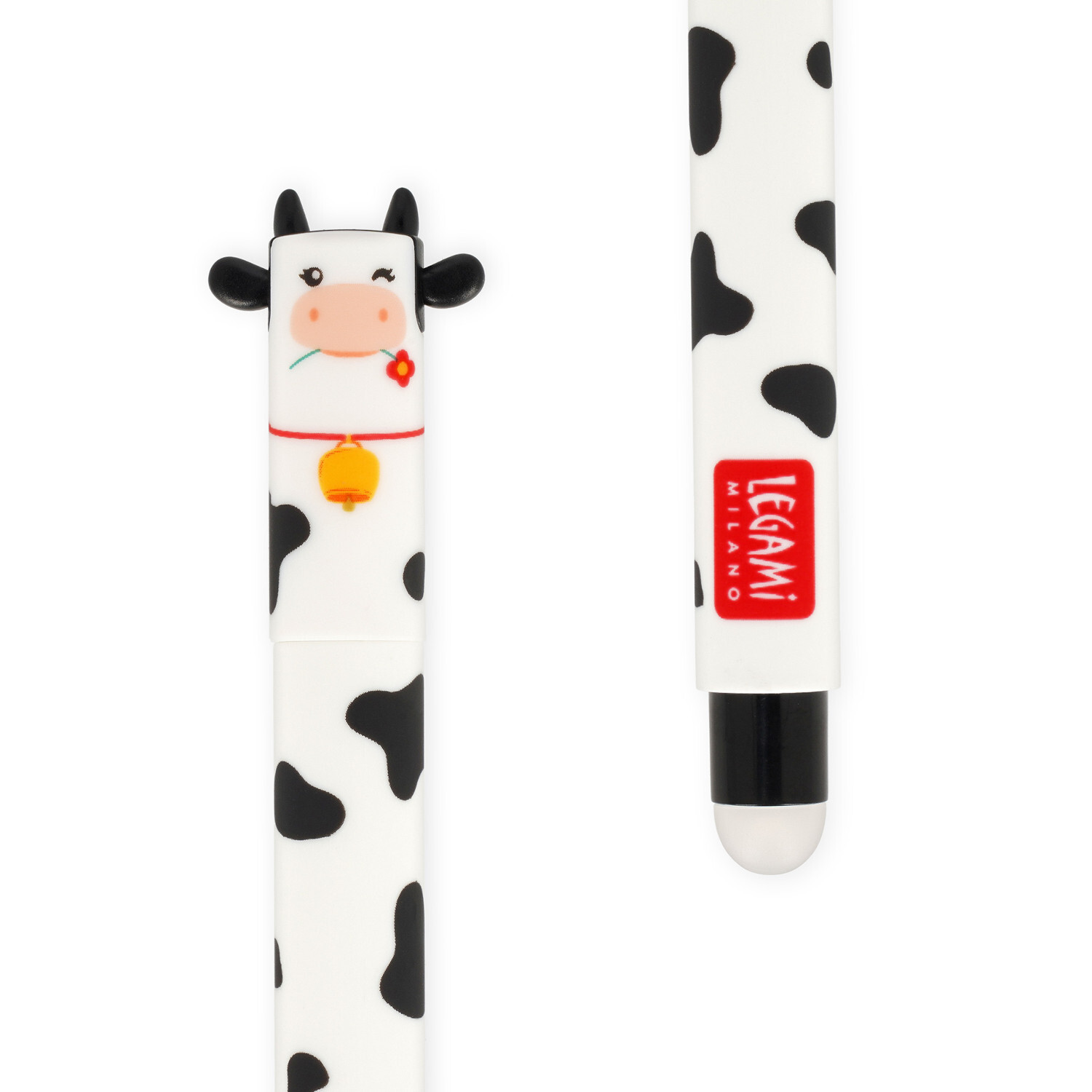Erasable Gel Pen Set Farm Sweet Farm, 4-teilig, mit Kuhmotiv und Legami-Logo, schwarz-weiß.
