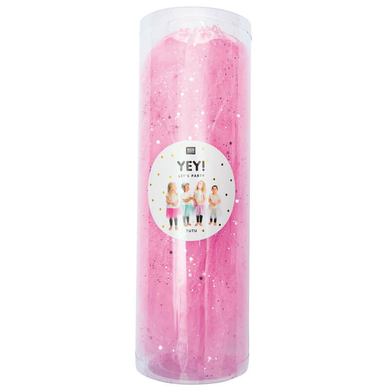 Tutu mit Glitzer Größe 92/116 in rosa, verpackt in einer transparenten Röhre von Rico Design.