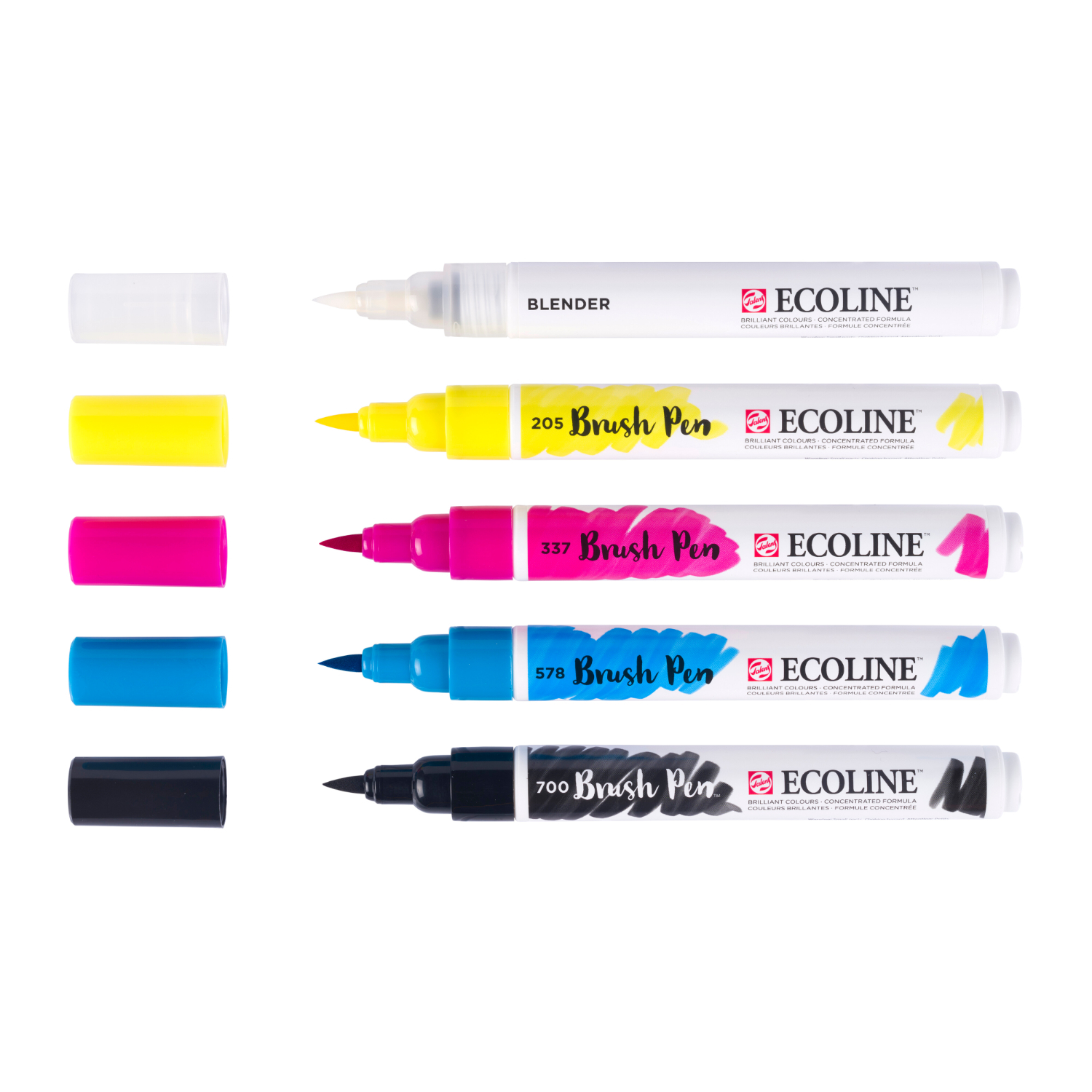 Ecoline Brush Pen Set Primärfarben, bestehend aus fünf Stiften in leuchtenden Farben, ideal zum Zeichnen und Malen.