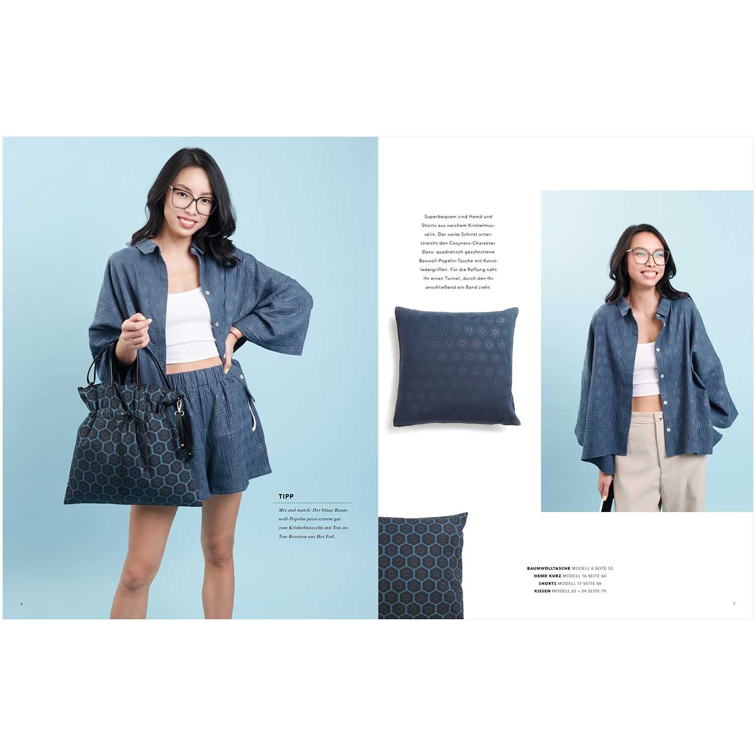 Das Rico Nähbuch Just Bees + Fruits + Flowers zeigt eine Frau in blauer Kleidung mit passender Tasche.