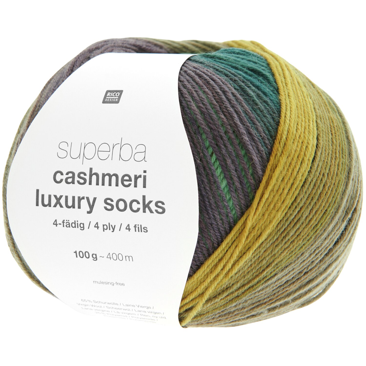 Superba Cashmeri Luxury Socks, Strickgarn in Grün- und Gelbtönen, 100g, 400m, ideal für Socken.