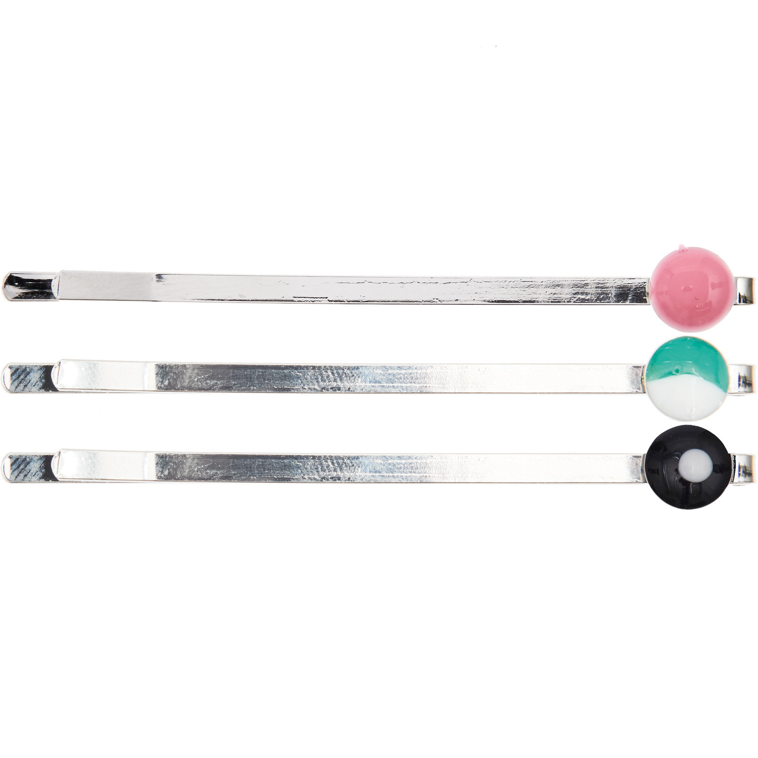 UV Resin: Drei silberne Haarspangen mit runden Verzierungen in Rosa, Türkis und Schwarz-Weiß von Rico Design.