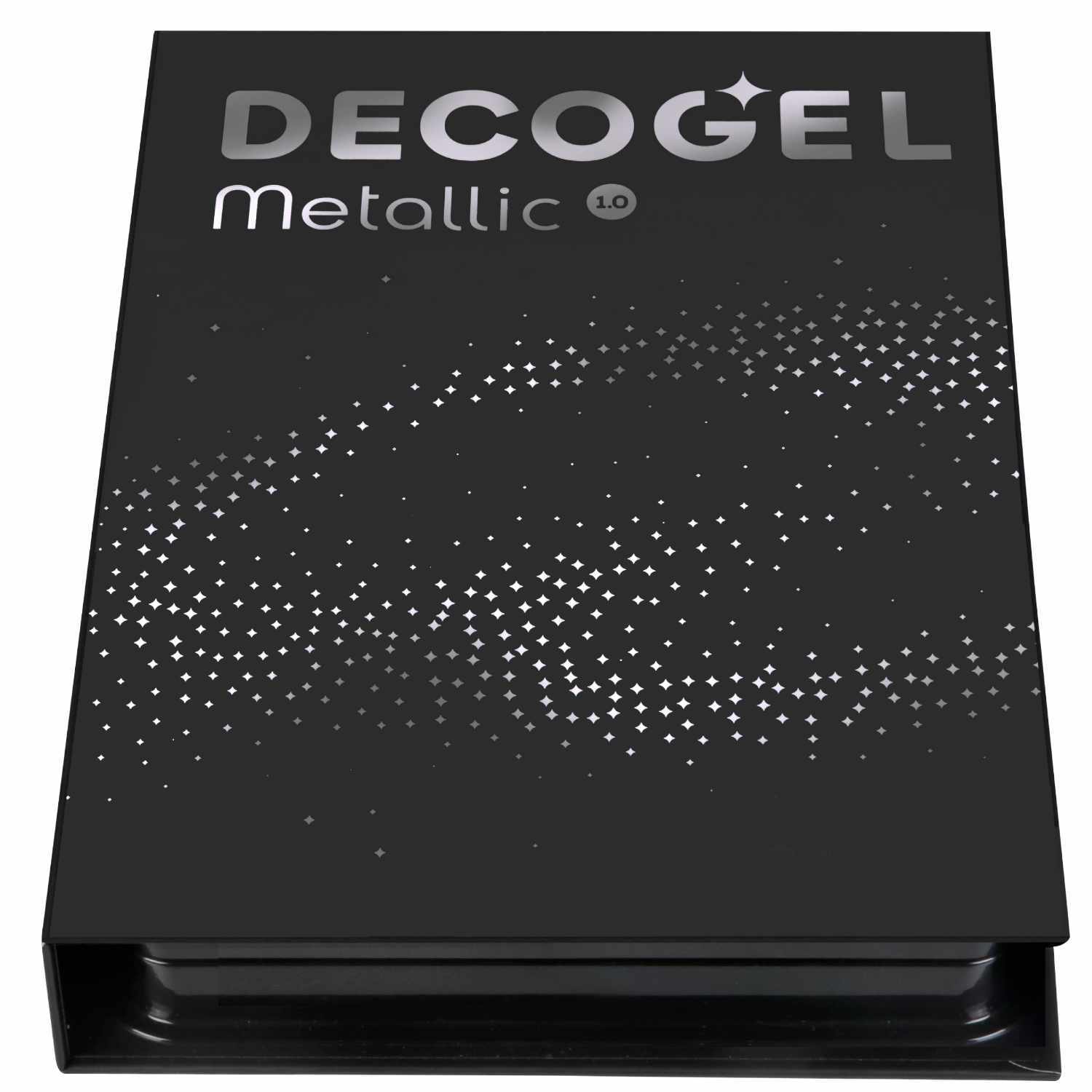 Decogel-Set Metallic 20 Stück in eleganter schwarzer Verpackung mit silbernen Akzenten.