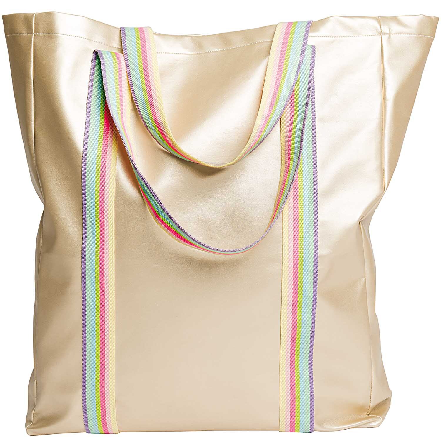 Gurtband gestreift 40mm 2m: Große, glänzende Tasche mit pastellfarbenen Streifen von Rico Design.