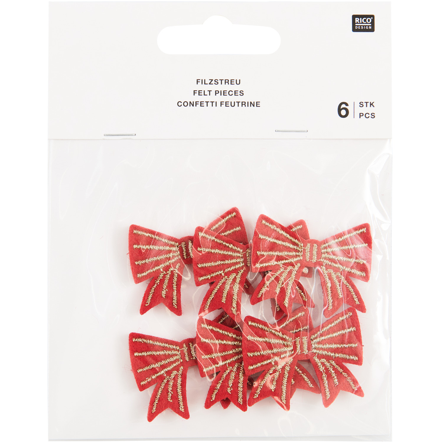 Filzstreu Schleifen, rot-gold, von Rico Design, 6 Stück in einer transparenten Verpackung. Ideal für kreative Dekorationen und Bastelprojekte.