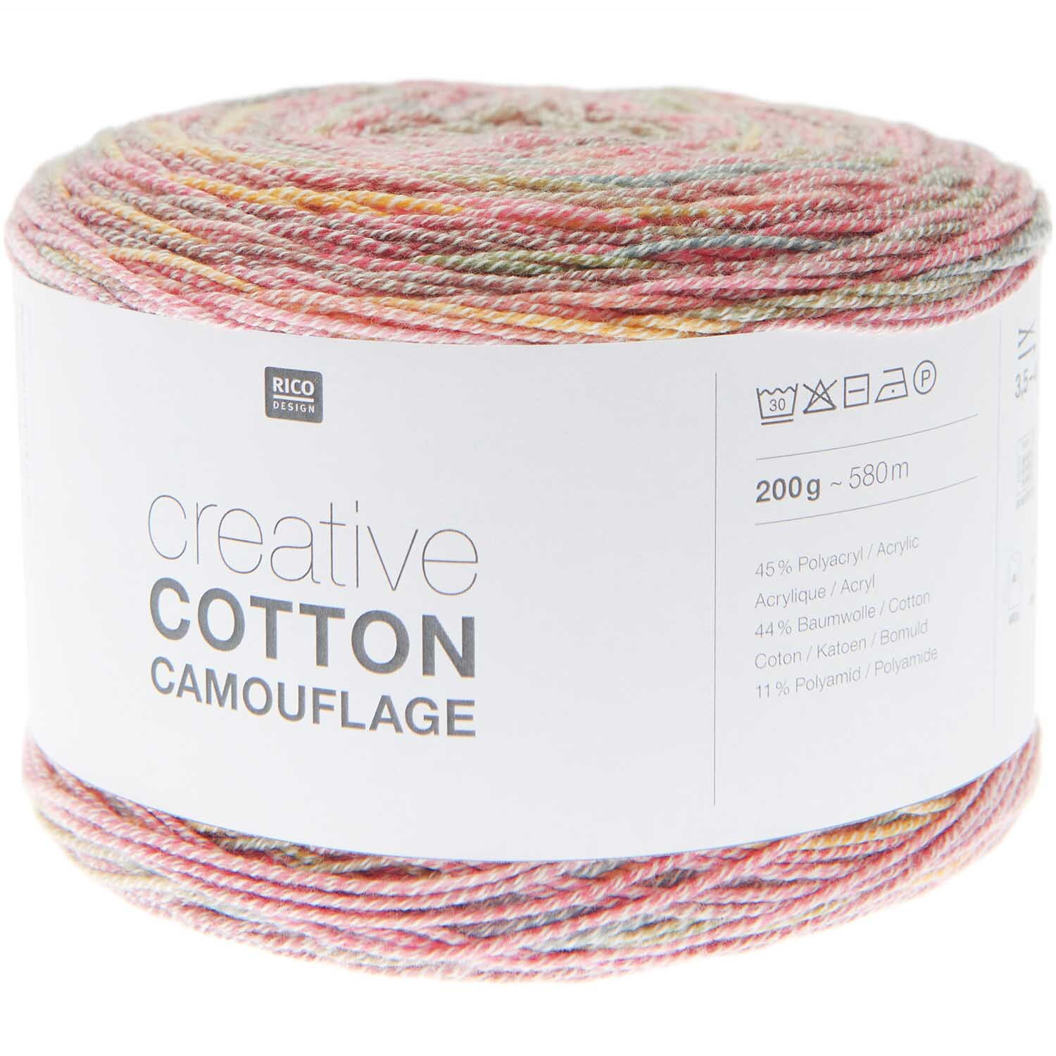 Creative Cotton Camouflage von Rico Design in sanften Pastelltönen, 200g, 580m, ideal für Strickprojekte.