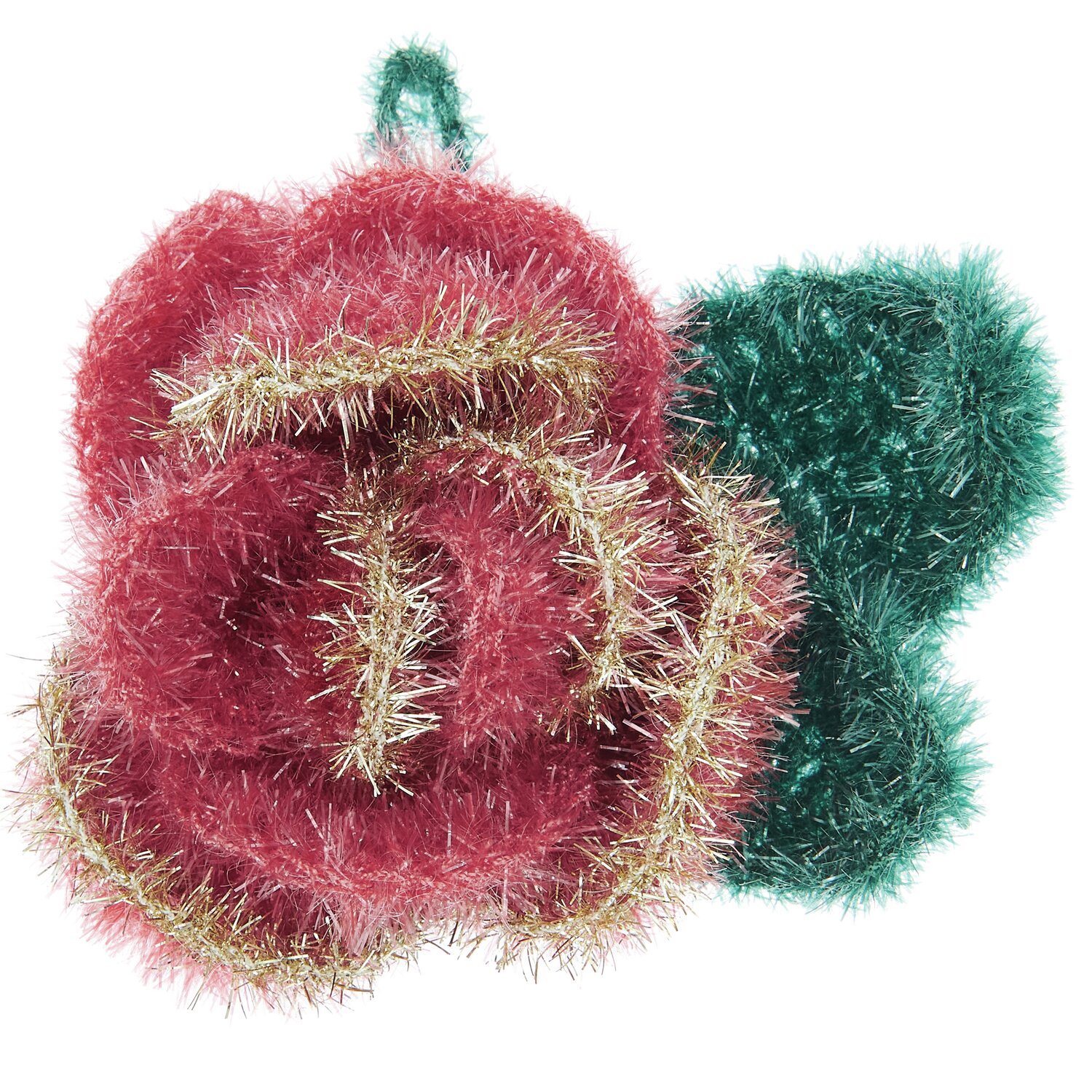 Häkelset Creative Bubble Rose Romantic von Rico Design zeigt eine gehäkelte Rose in Rot und Grün mit goldenen Akzenten.