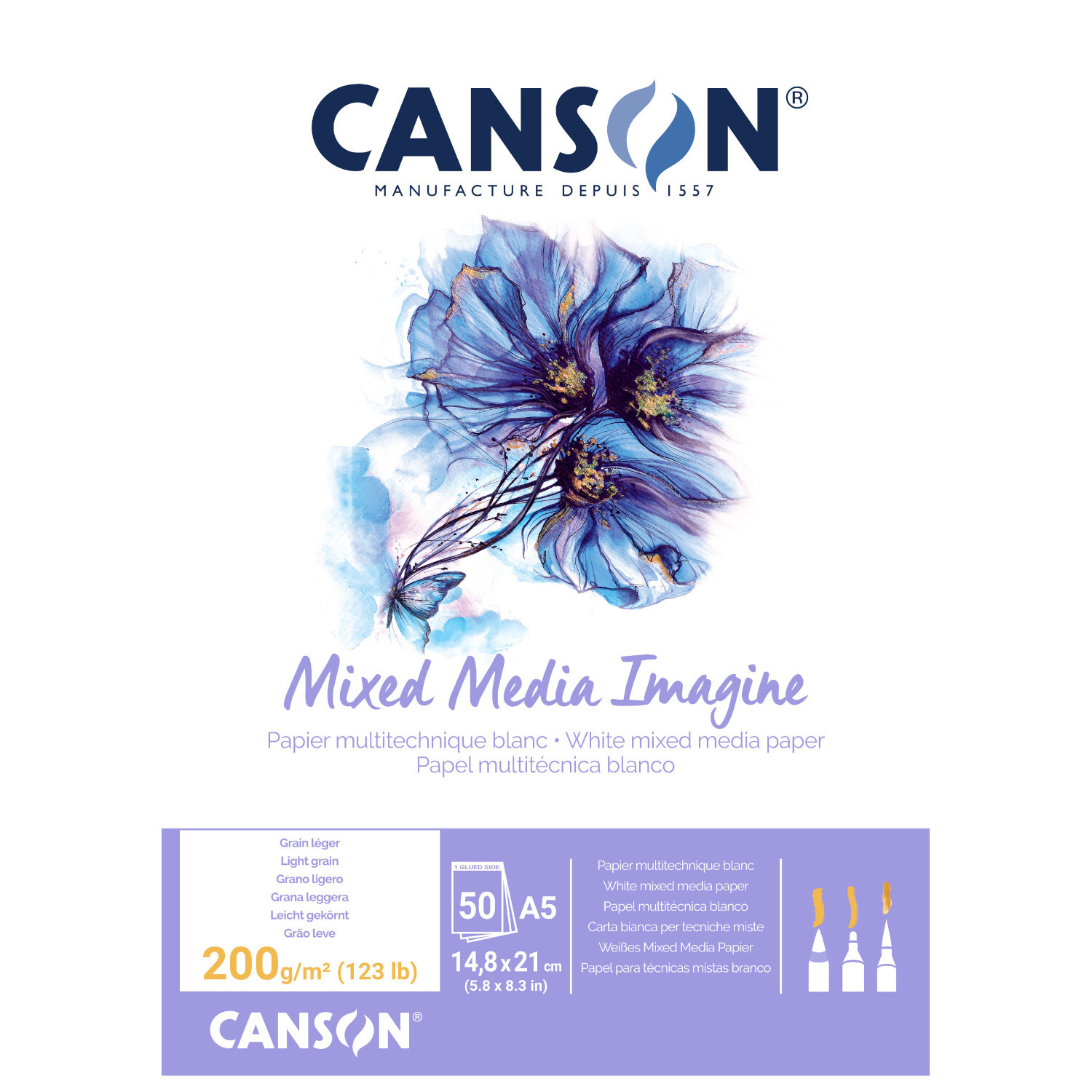Imagine Block 50 Blatt: Canson Mixed Media Papier mit blauen Blumen, ideal für vielseitige Kunstprojekte.
