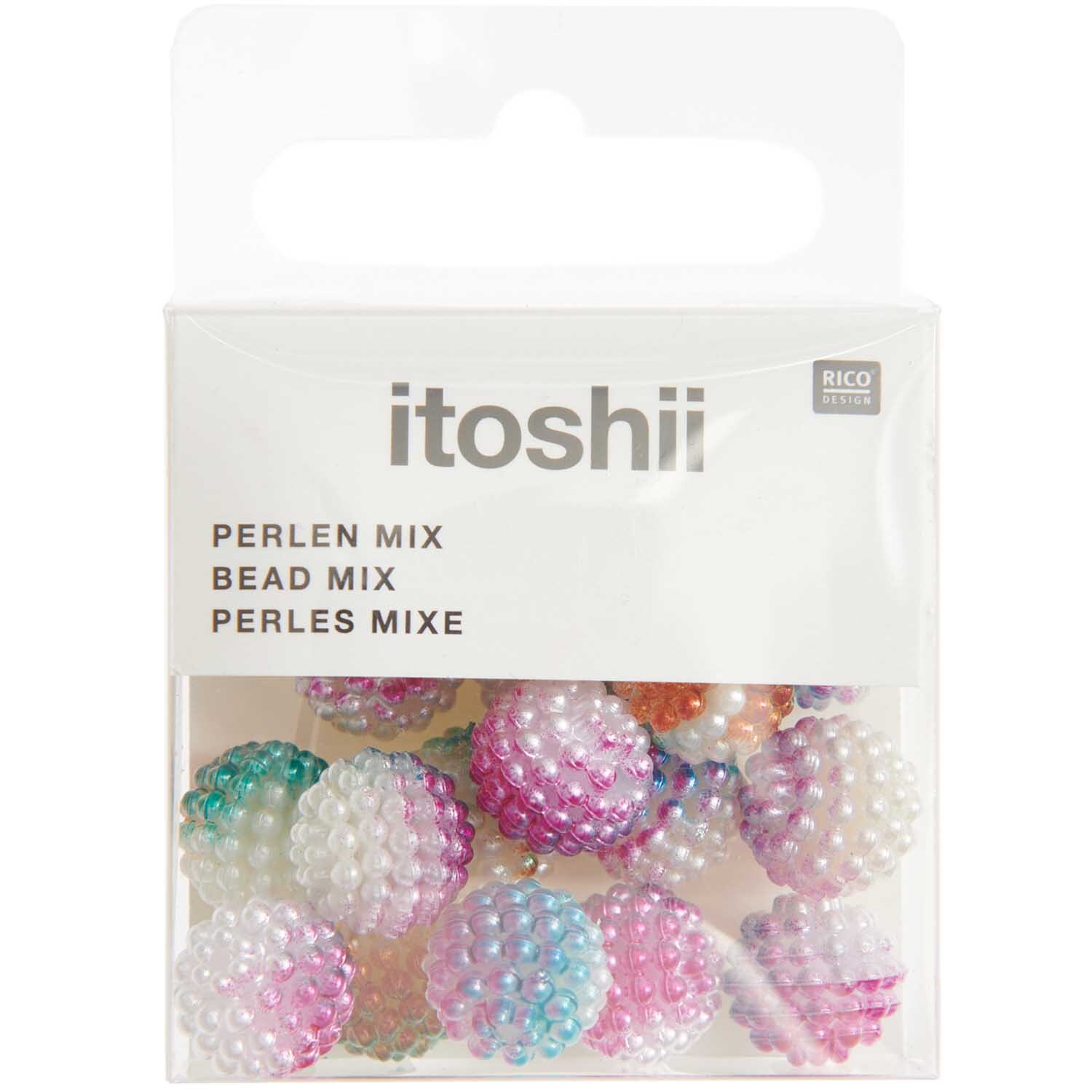Itoshii Perlen Bundle Farbverlauf 11mm 20 Stück, bunte Perlen von Rico Design in einer transparenten Verpackung.