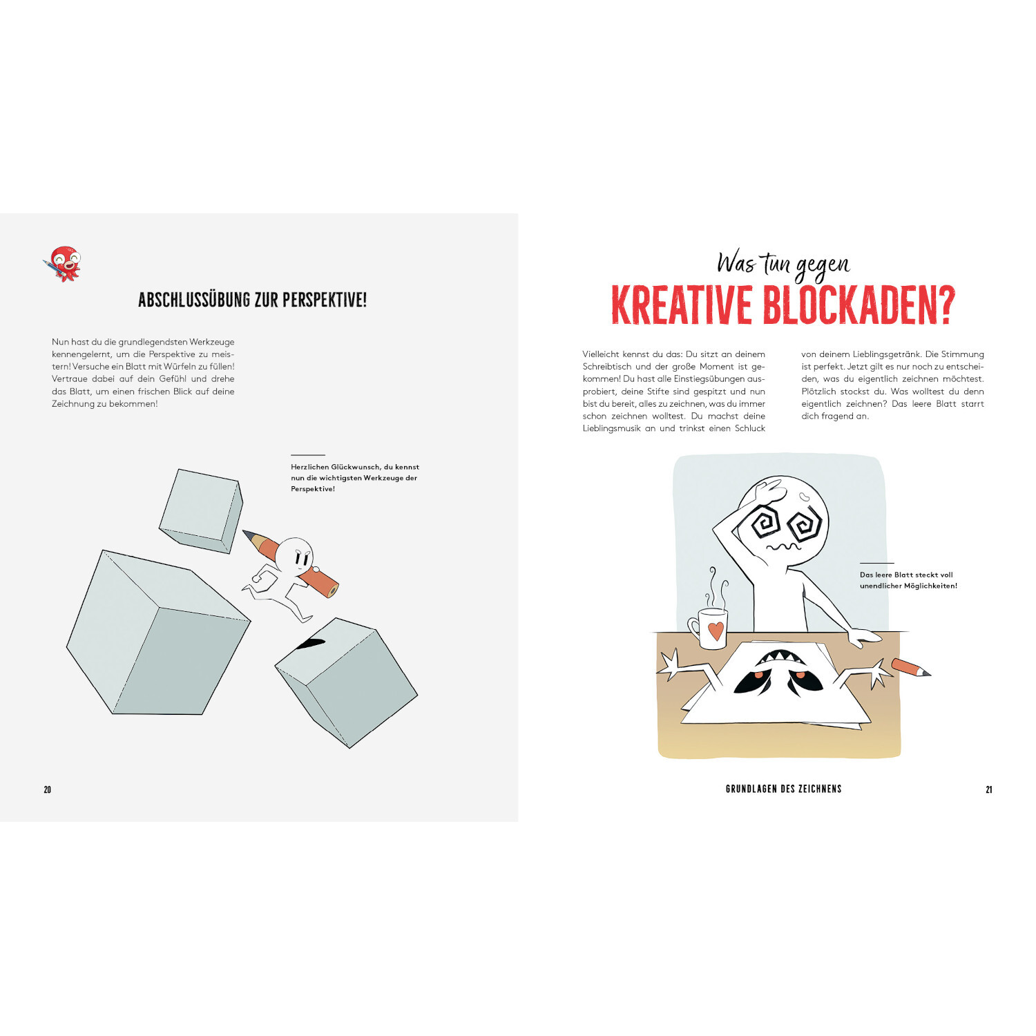 Der ultimative Zeichen-Workshop – Körper und Posen: Zwei Seiten mit Illustrationen und Tipps gegen kreative Blockaden.