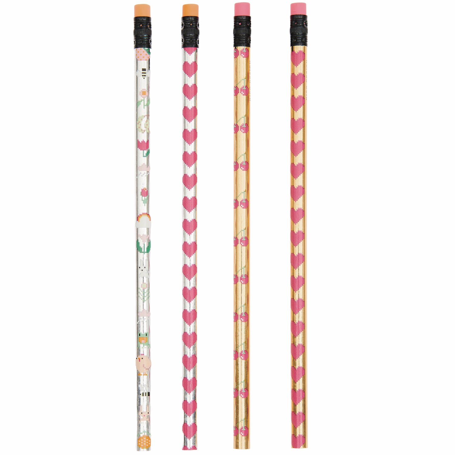 Paper Poetry Bleistift-Set Futschikato Pixel, 4 Stück, mit bunten Herz- und Pixelmustern, ideal für kreative Projekte und Schreibarbeiten.