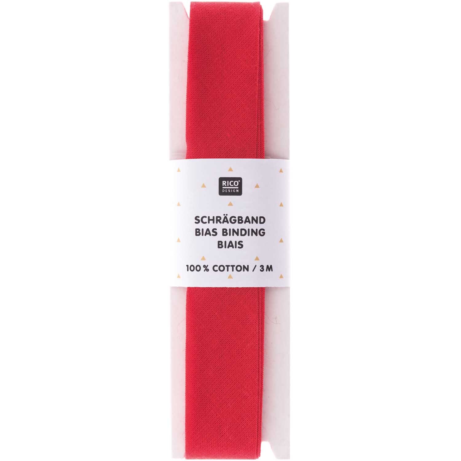 Schrägband 2cmx3m von Rico Design in leuchtendem Rot, aufgerollt und verpackt in einer weißen Banderole.