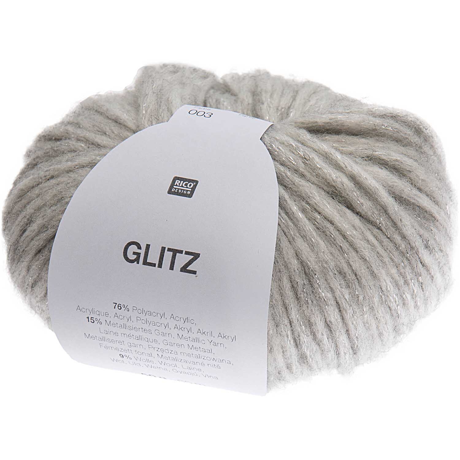 Glitz: Weiches Garn in Silber von Rico Design, 50g, ideal für kreative Strickprojekte.