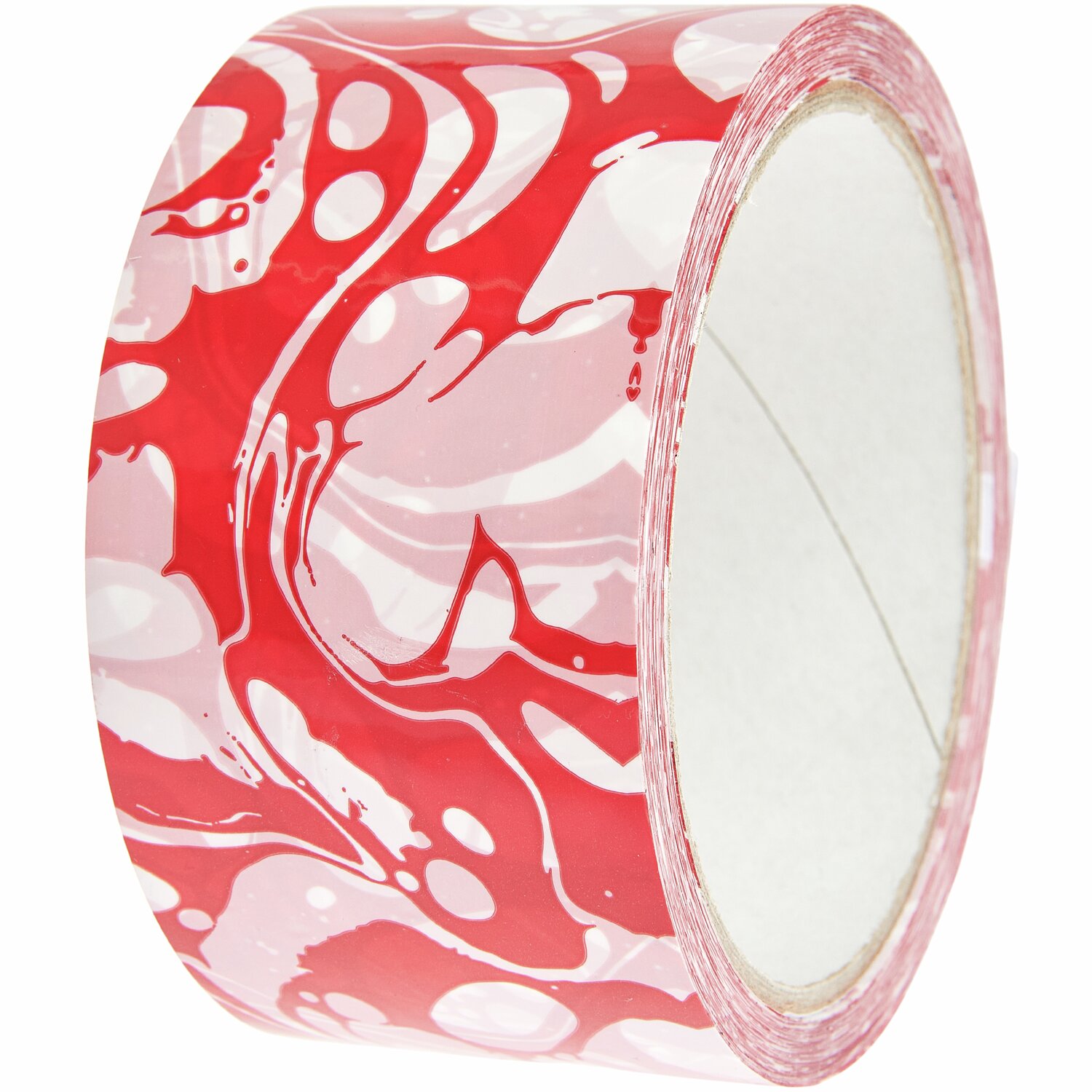 Paketklebeband Marmoriert Rot/Weiß 5cm, 33m lang, mit auffälligem marmoriertem Design. Ideal für kreative Verpackungen.