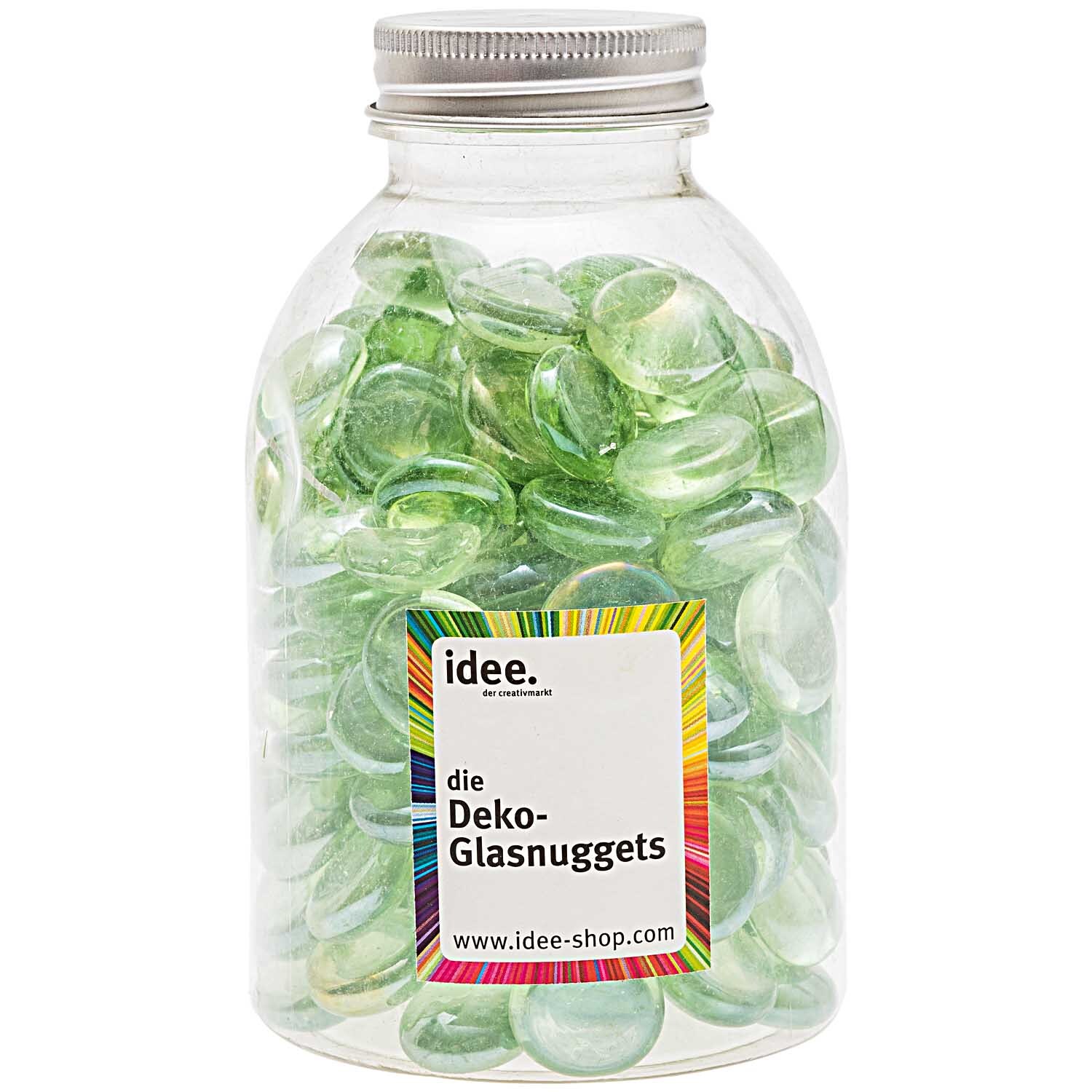 Glasnuggets 700g in einem transparenten Behälter, gefüllt mit grün irisierenden Steinen von idee. Creativmarkt.