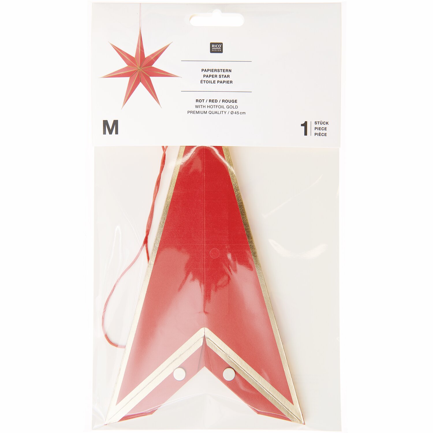 Papierstern in Rot/Gold von Rico Design, Ø45cm, in Verpackung. Ideal für festliche Dekorationen.