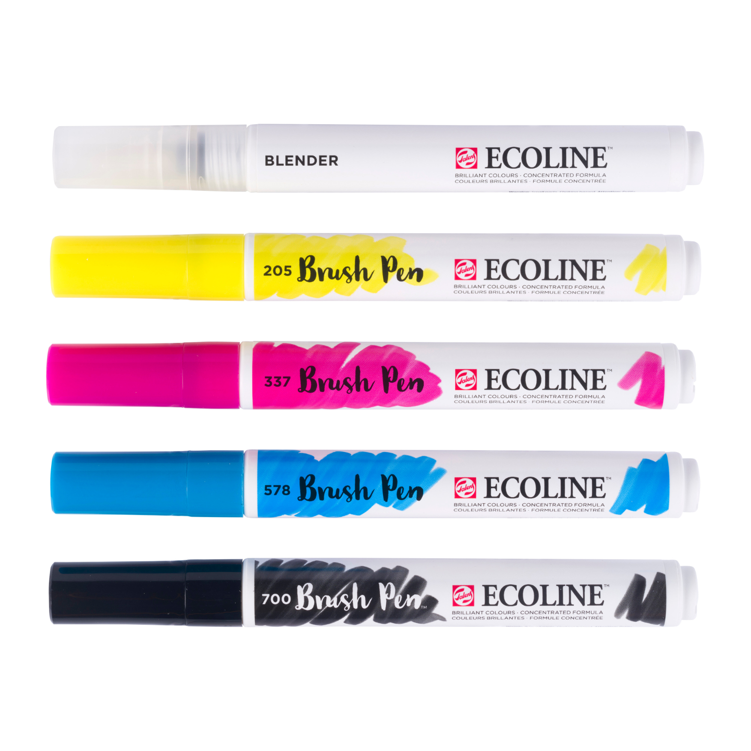 Ecoline Brush Pen Set Primärfarben mit fünf Stiften in leuchtenden Farben, ideal zum Zeichnen und Malen.