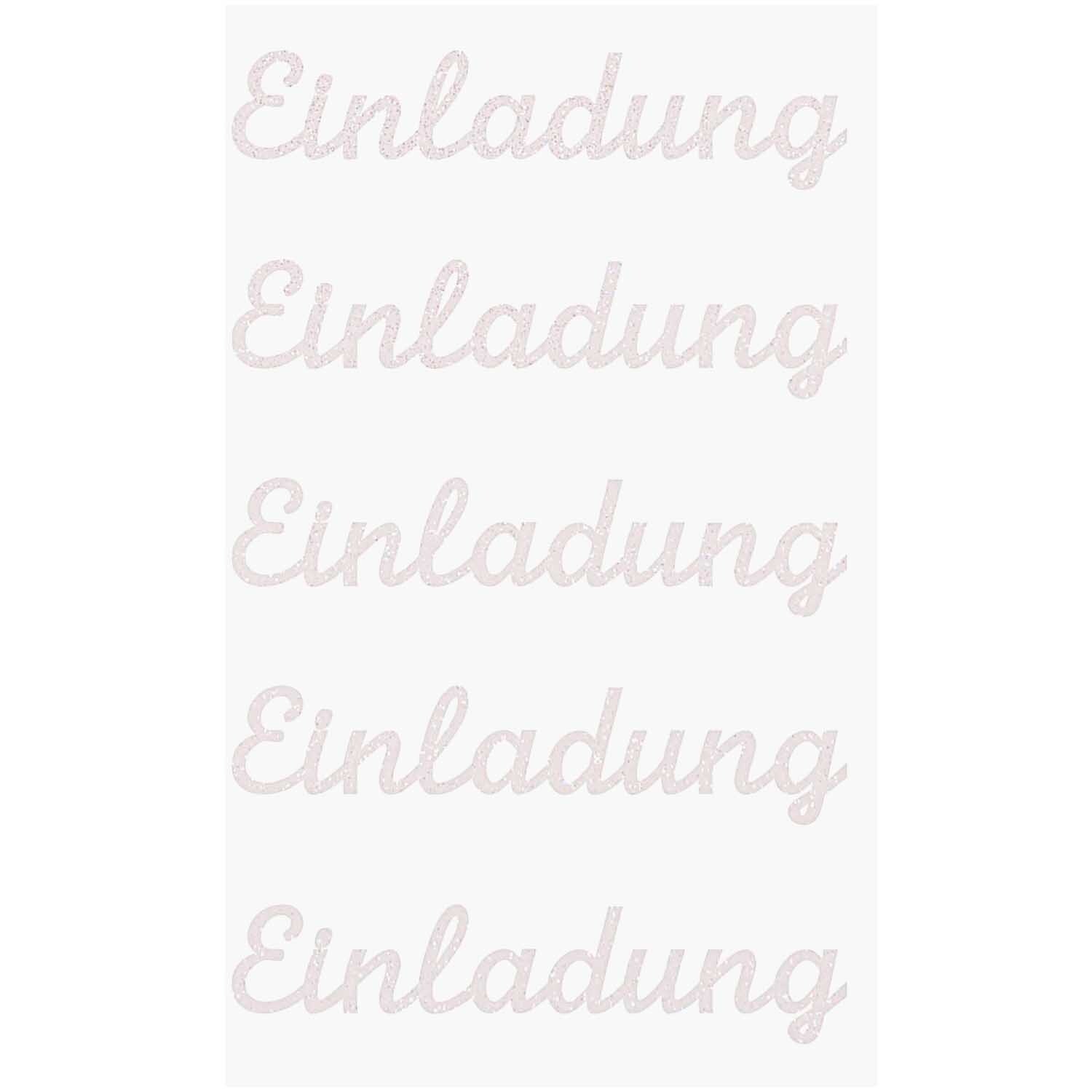 Paper Poetry Glittersticker Einladung zeigt elegante, glitzernde Schriftzüge auf weißem Hintergrund. Ideal für kreative Einladungen. Marke: Rico Design.