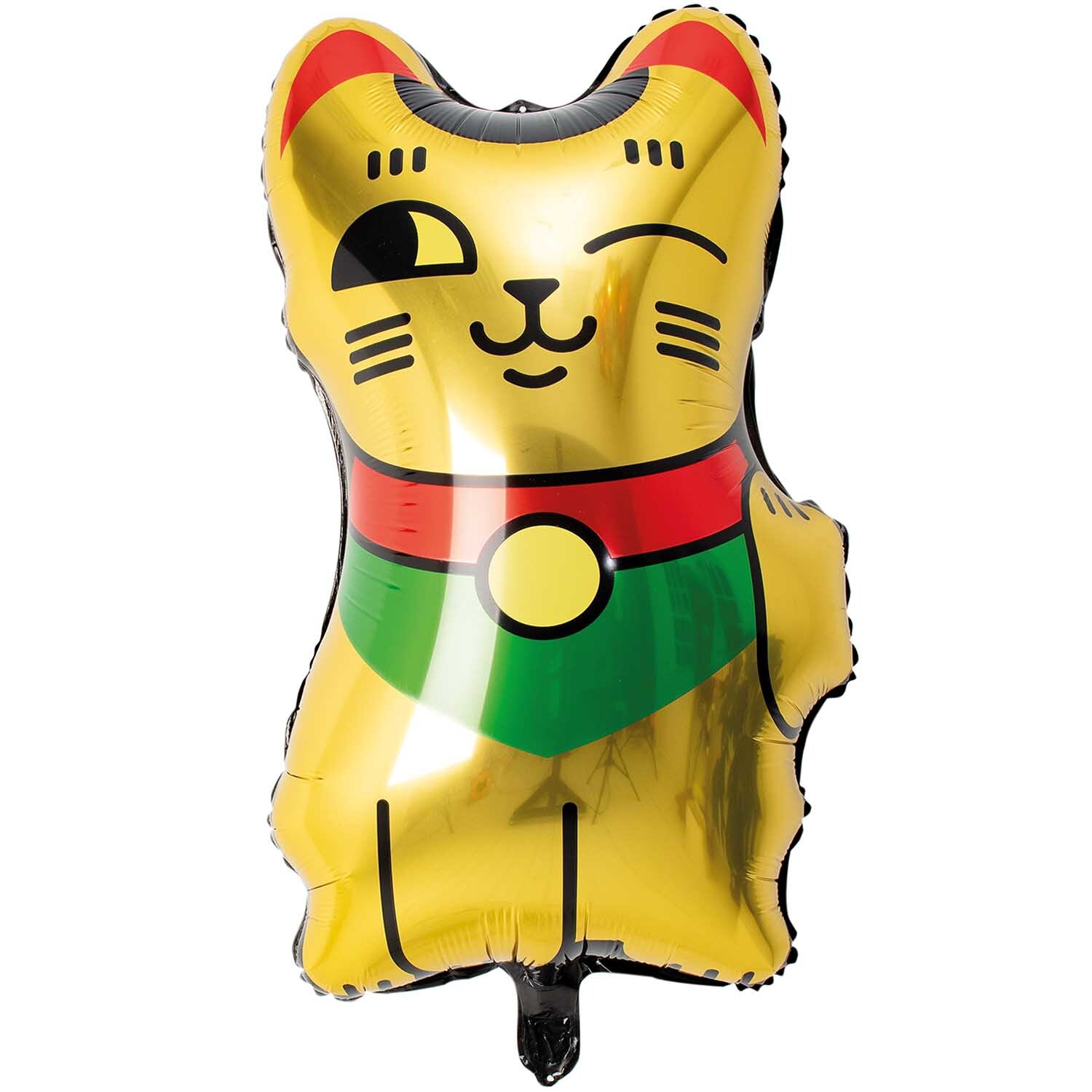 Folienballon Winkekatze gold 36x70cm: Ein goldener Ballon in Form einer Winkekatze mit rotem und grünem Detail.