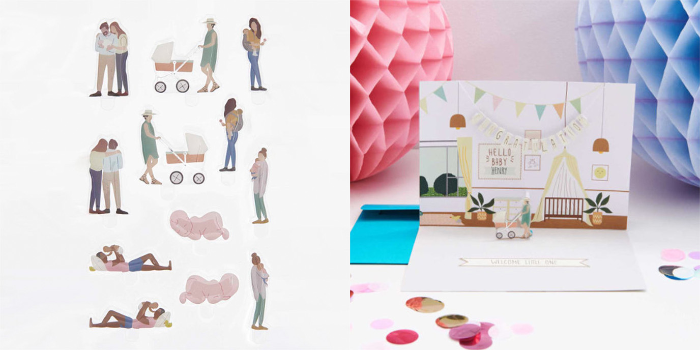 Zwei Bilder nebeneinander. Figurico Sticker zum Them Geburt und eine gestaltete Pop-Up Karte mit Kinderzimmer-Szenerie.