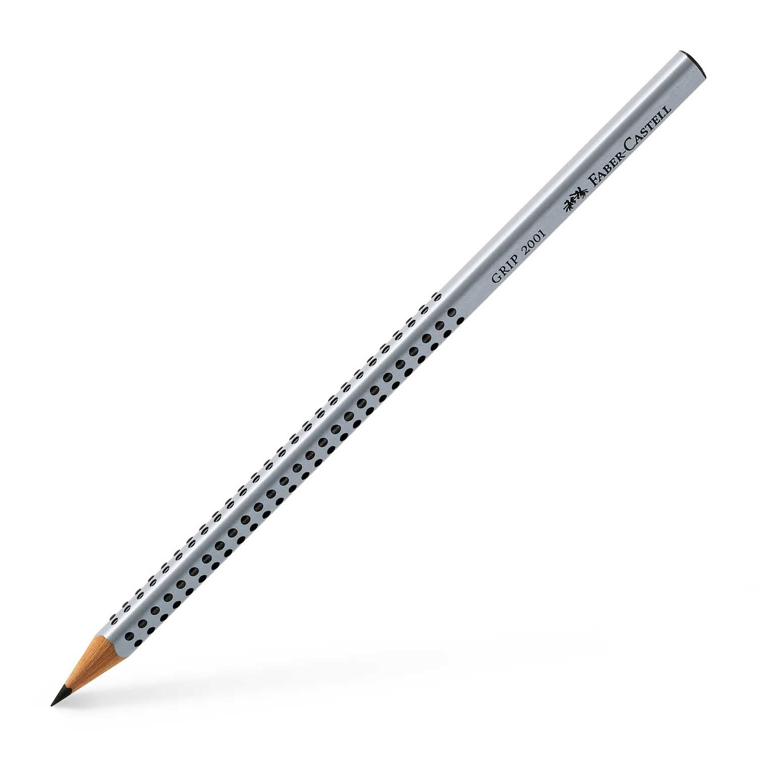 Grip 2001 Bleistift von Faber Castell in Silber mit ergonomischem Design und rutschfesten Noppen. Ideal für präzises Schreiben und Zeichnen.