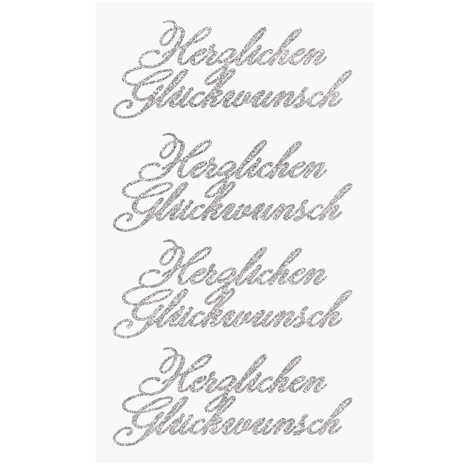Paper Poetry Glittersticker zeigen den Schriftzug "Herzlichen Glückwunsch" in funkelndem Silber. Ideal für kreative Projekte. Marke: Rico Design.