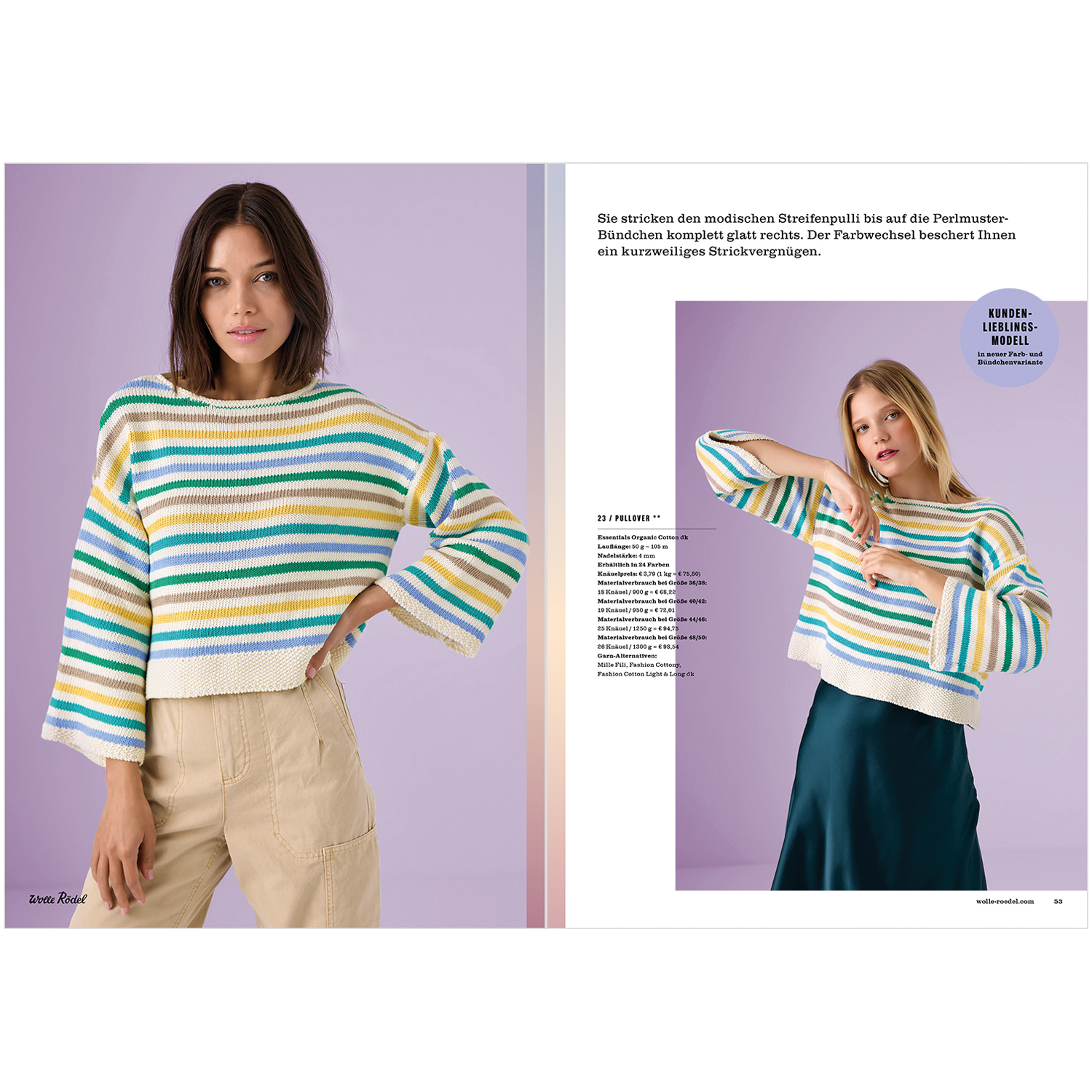 Die Neue Masche Nr. 06 Frühjahr-Sommer: Zwei Frauen tragen gestreifte Pullover von Wolle Rödel in Pastellfarben.