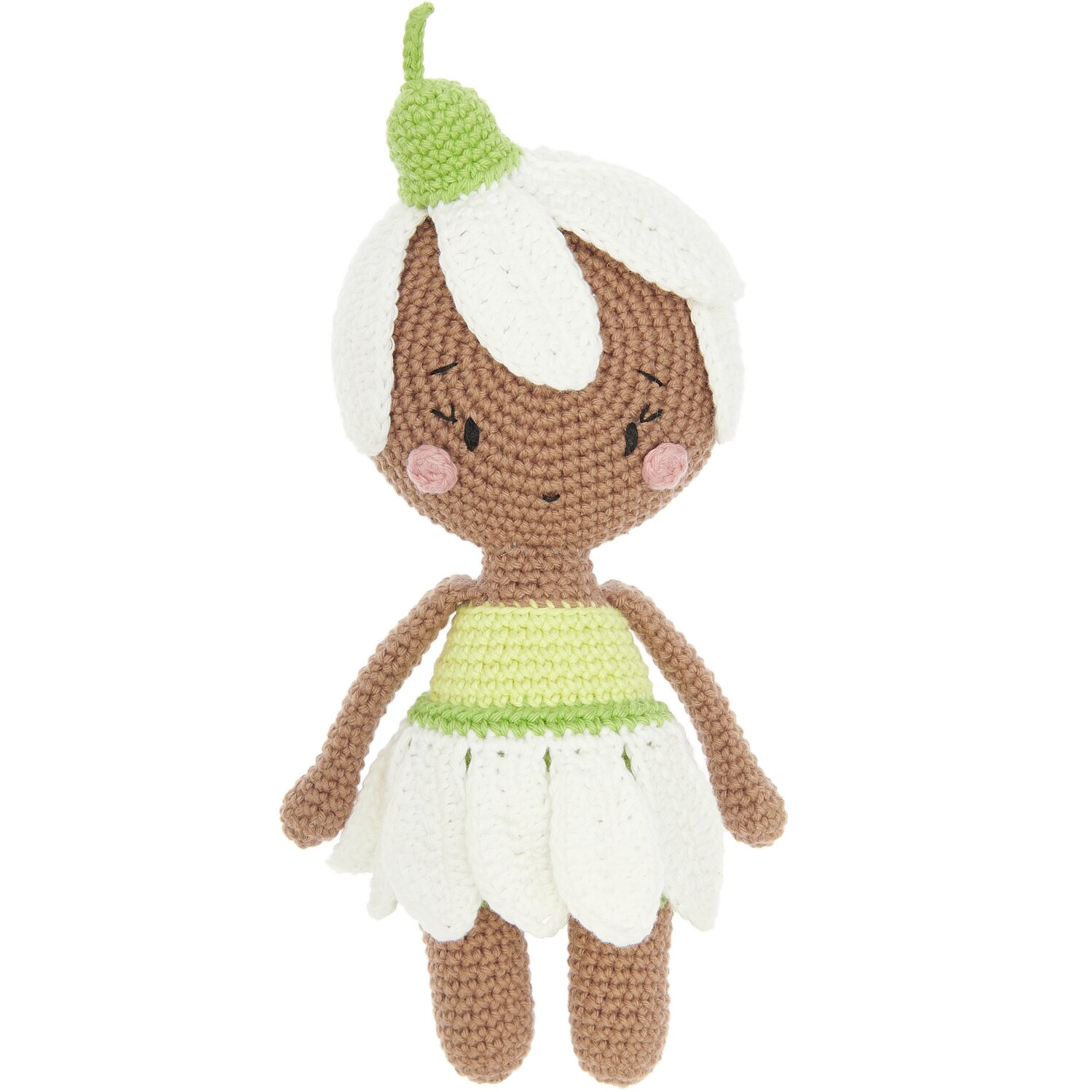 Creative Ricorumi dk: Gehäkelte Puppe in Weiß, Pistazie und Nougat von Rico Design, mit Blütenkleid und Blatt auf dem Kopf.