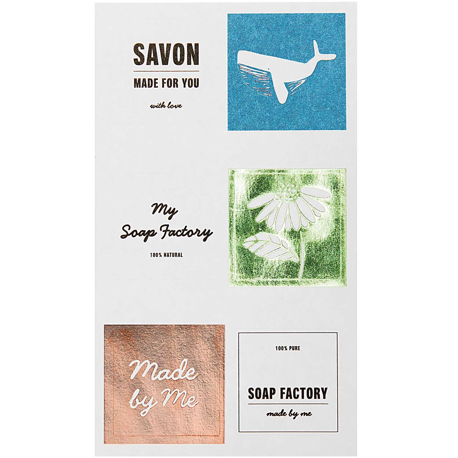 Seifen-Sticker Hygge: Verschiedene Designs auf bunten Hintergründen, ideal für kreative Seifenprojekte.