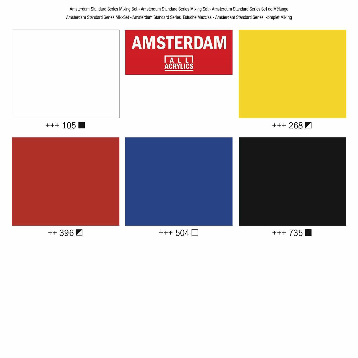Acrylfarbe Set 5x120ml: Fünffarbiges Set mit AMSTERDAM Logo, zeigt Weiß, Gelb, Rot, Blau und Schwarz.