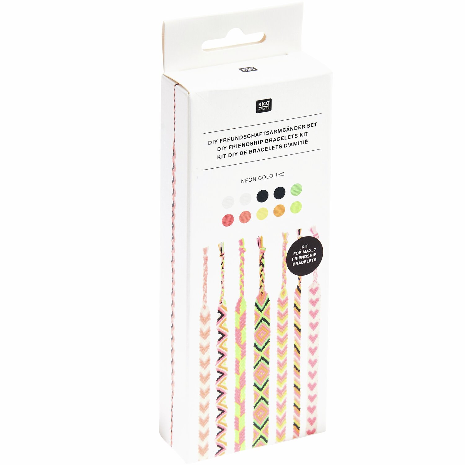 DIY Freundschaftsarmbänder Set Neon Colours: Bunte Verpackung mit verschiedenen Neonfarben für kreative Armbänder. Ideal für Bastelprojekte.