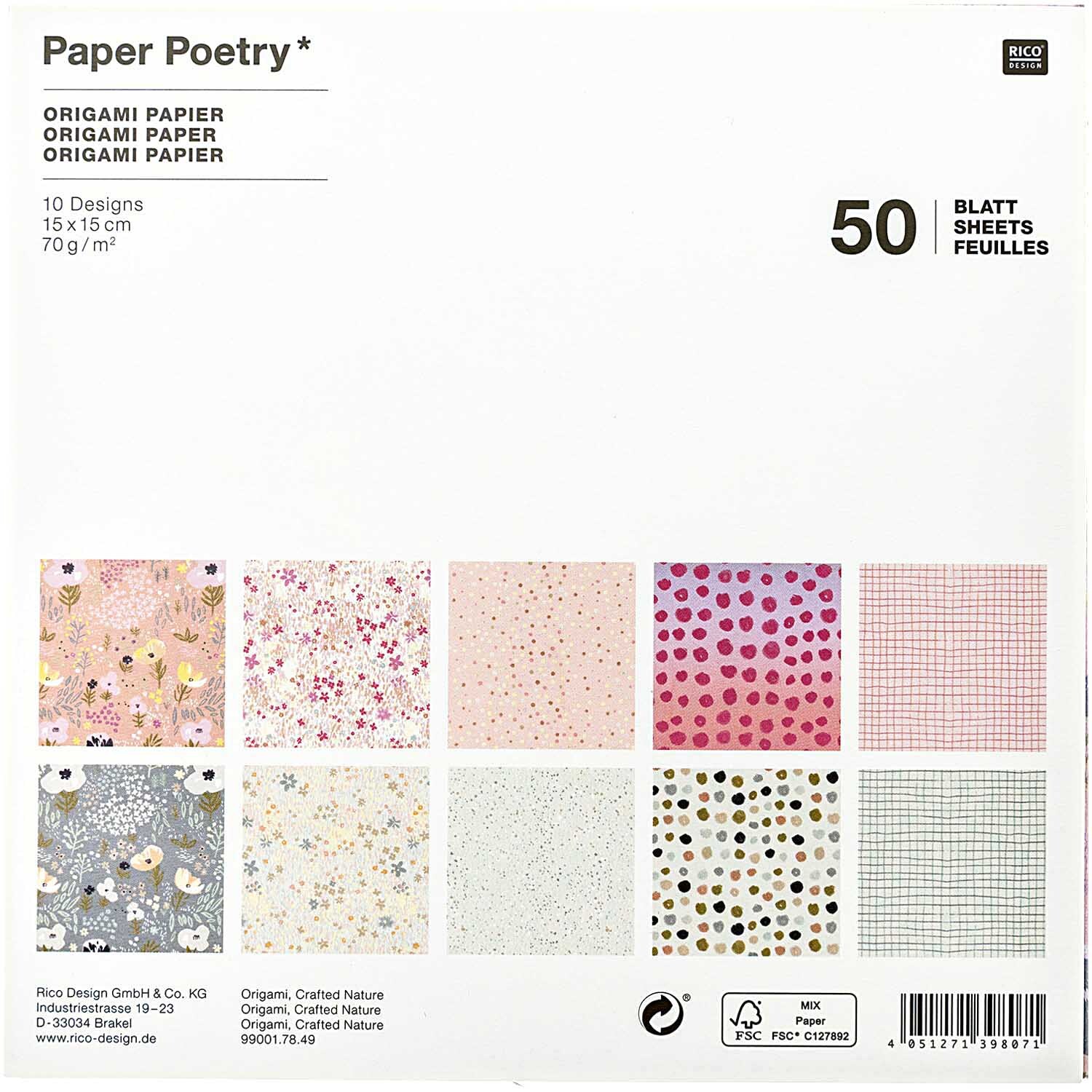 Paper Poetry Origami Crafted Nature 15x15cm 50 Blatt, mehrfarbig, zeigt 10 Designs mit floralen und geometrischen Mustern, ideal für kreative Projekte.