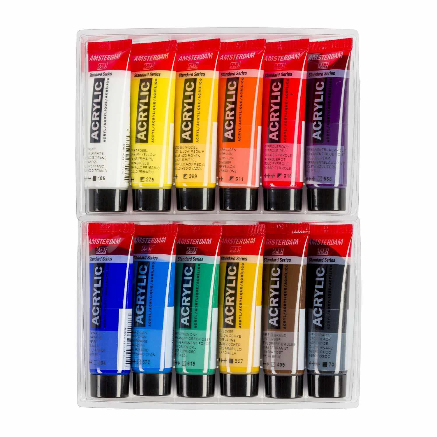 Acrylfarbe Set 12x20ml mit 12 leuchtenden Farben in Tuben, Marke AMSTERDAM, ideal für kreative Projekte.