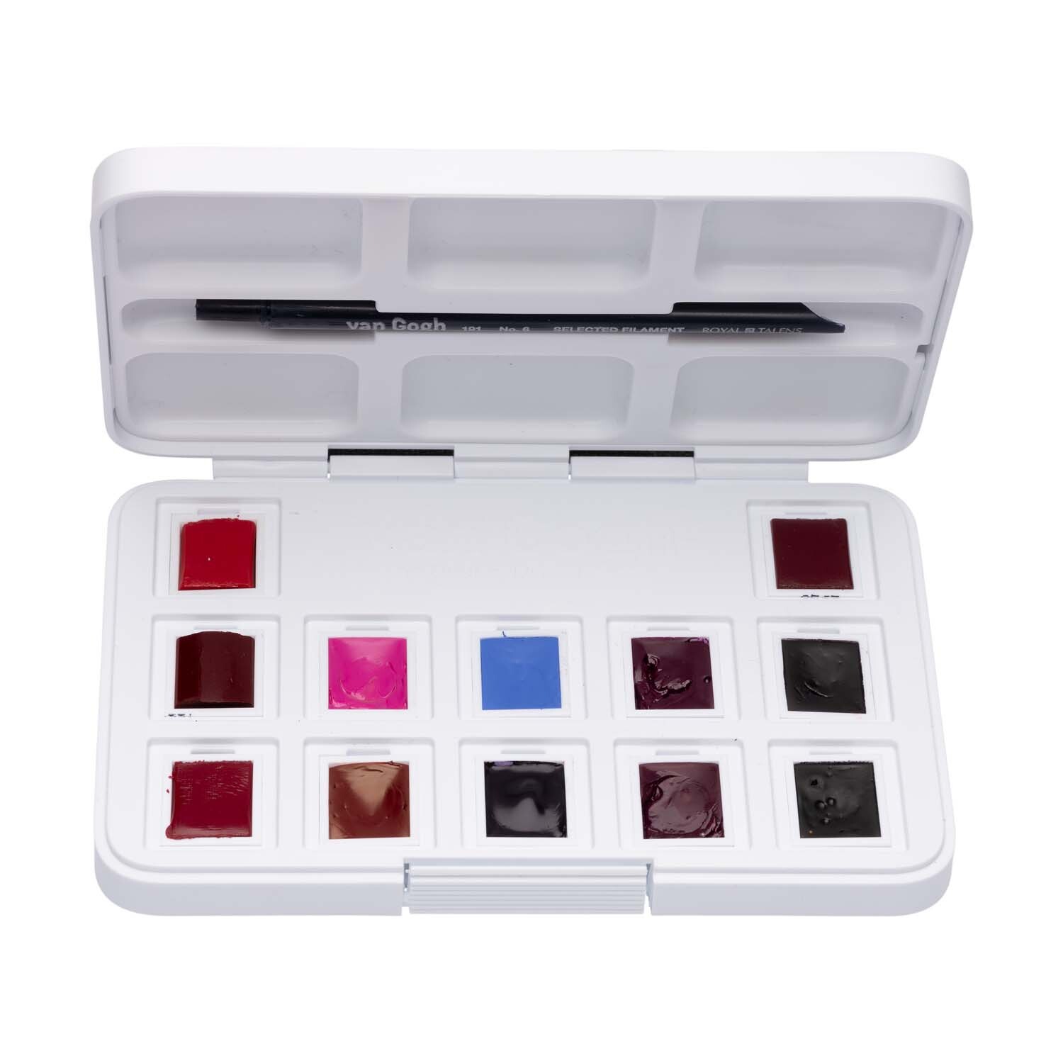 Aquarell Set Rosa-Violett 12 Näpfchen mit verschiedenen Farbtönen in einer weißen Box, Marke van Gogh.