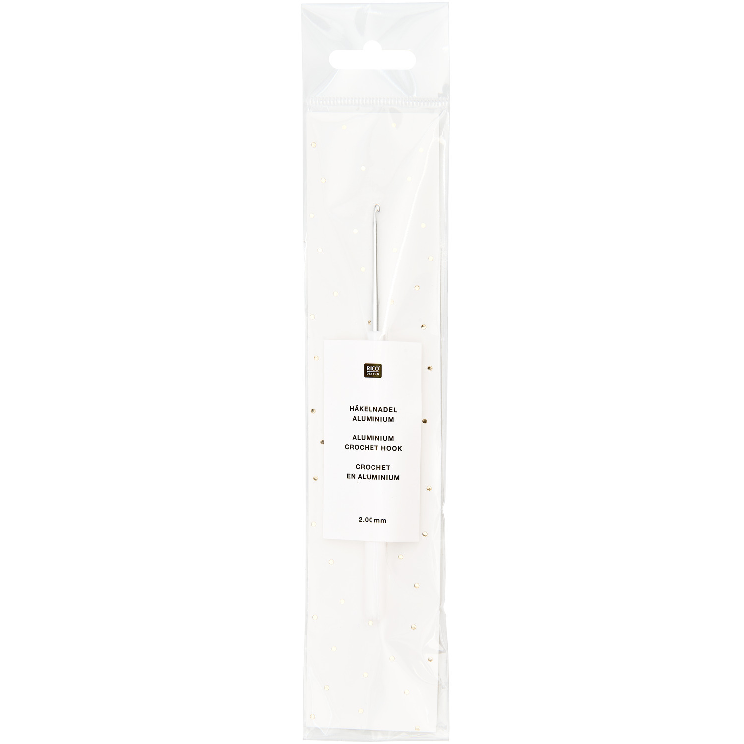 Häkelnadel 15cm aus Aluminium von Rico Design, verpackt in einer transparenten Plastikhülle. Ideal für kreative Handarbeiten.