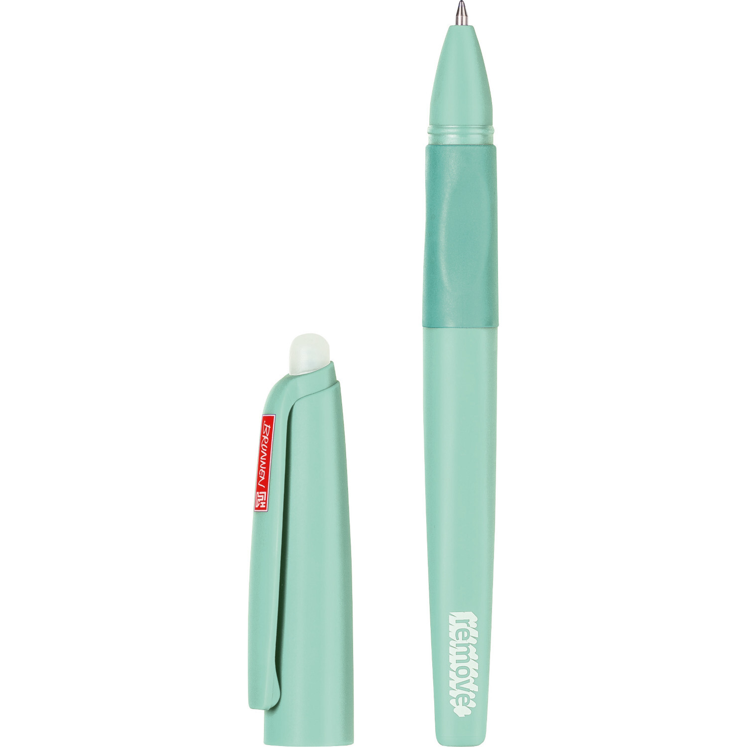 Gelschreiber Remove, mintgrün, 0,7mm Spitze, zeigt Kappe und Stift mit Radierfunktion.