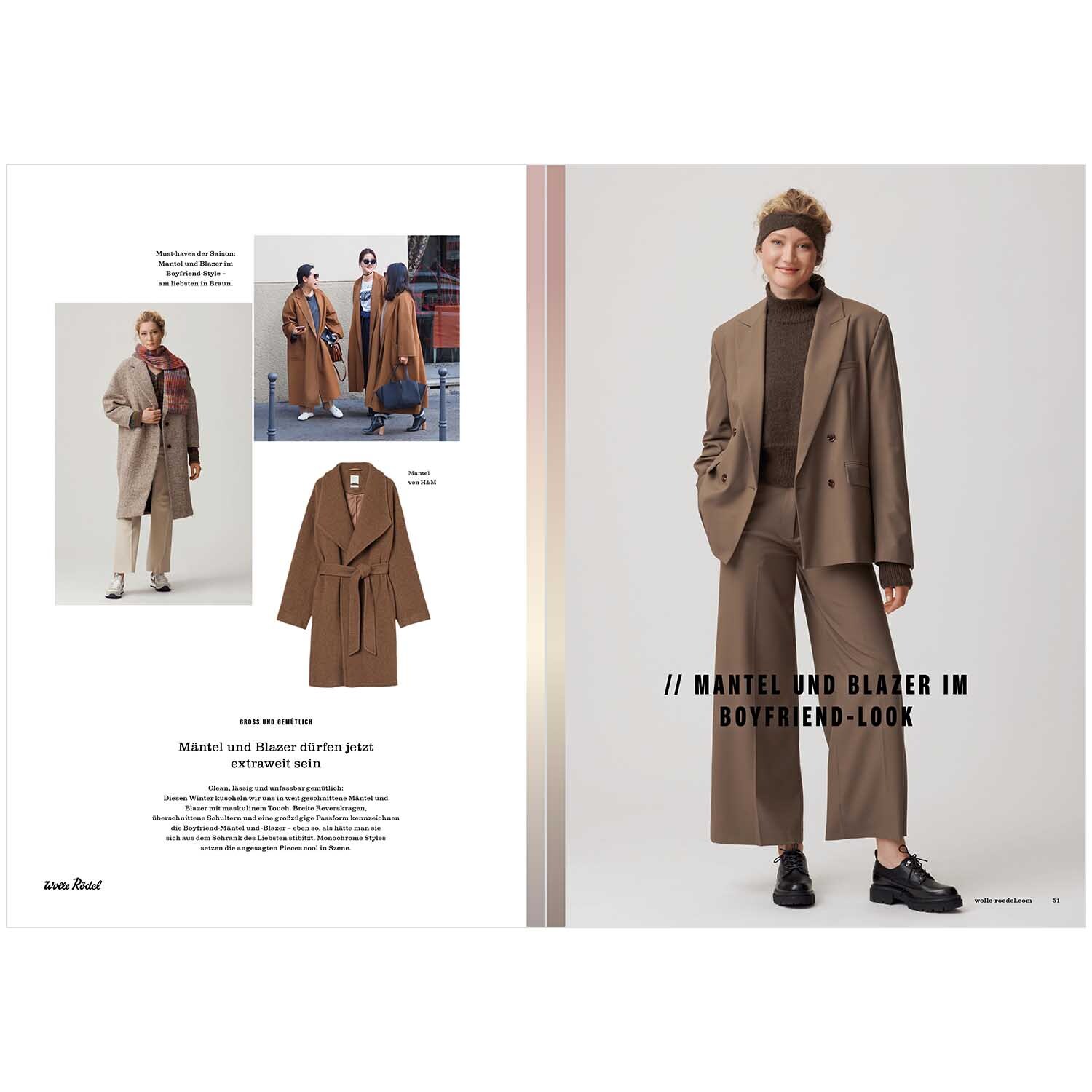 Die Neue Masche Nr. 02 Winter zeigt einen eleganten braunen Mantel und Blazer im Boyfriend-Look.