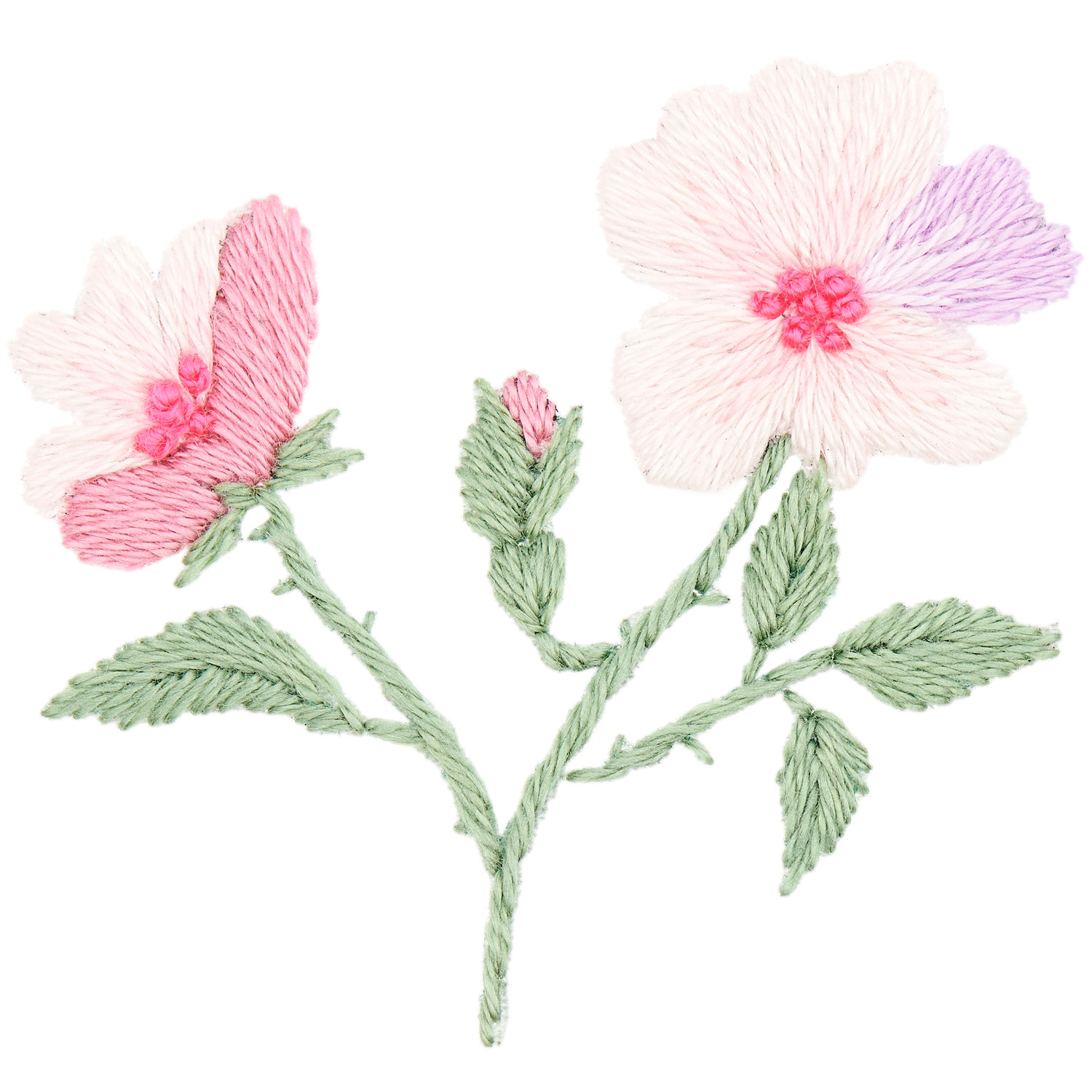 Stick and Stitch Rosen: Zwei gestickte Blumen in Rosa und Lila mit grünen Blättern, 15 Stück.