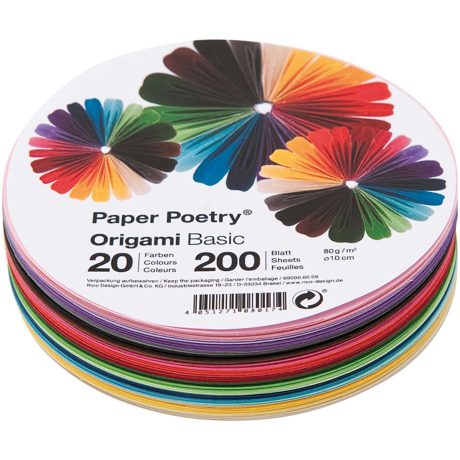 Paper Poetry Origami basic rund zeigt 200 bunte Blätter in 20 Farben, ideal für kreative Projekte.