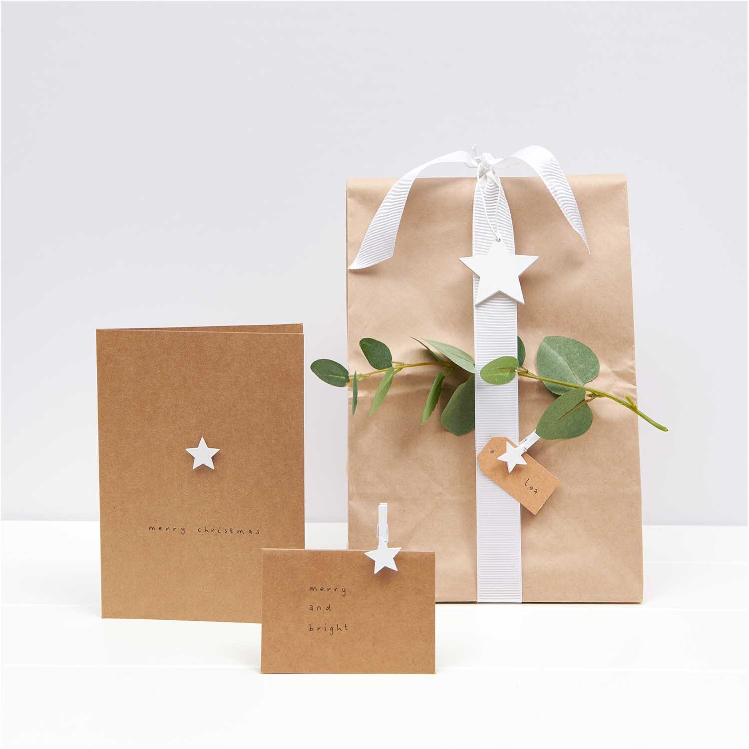 Holzhänger Stern weiß 51x50mm von Rico Design, dekoriert auf Geschenkverpackung mit Karten.