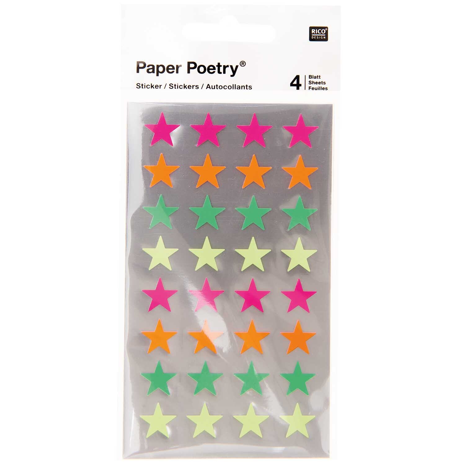 Paper Poetry Sticker Sterne neon, 4 Blatt, von Rico Design. Enthält bunte Sternsticker in Neonfarben. Ideal für kreative Projekte.
