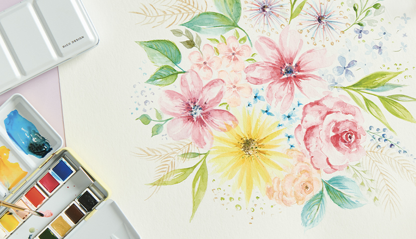 Anleitung Aquarellblumen malen: Bunte Blumenkomposition mit Aquarellfarben und Pinsel auf Papier.
