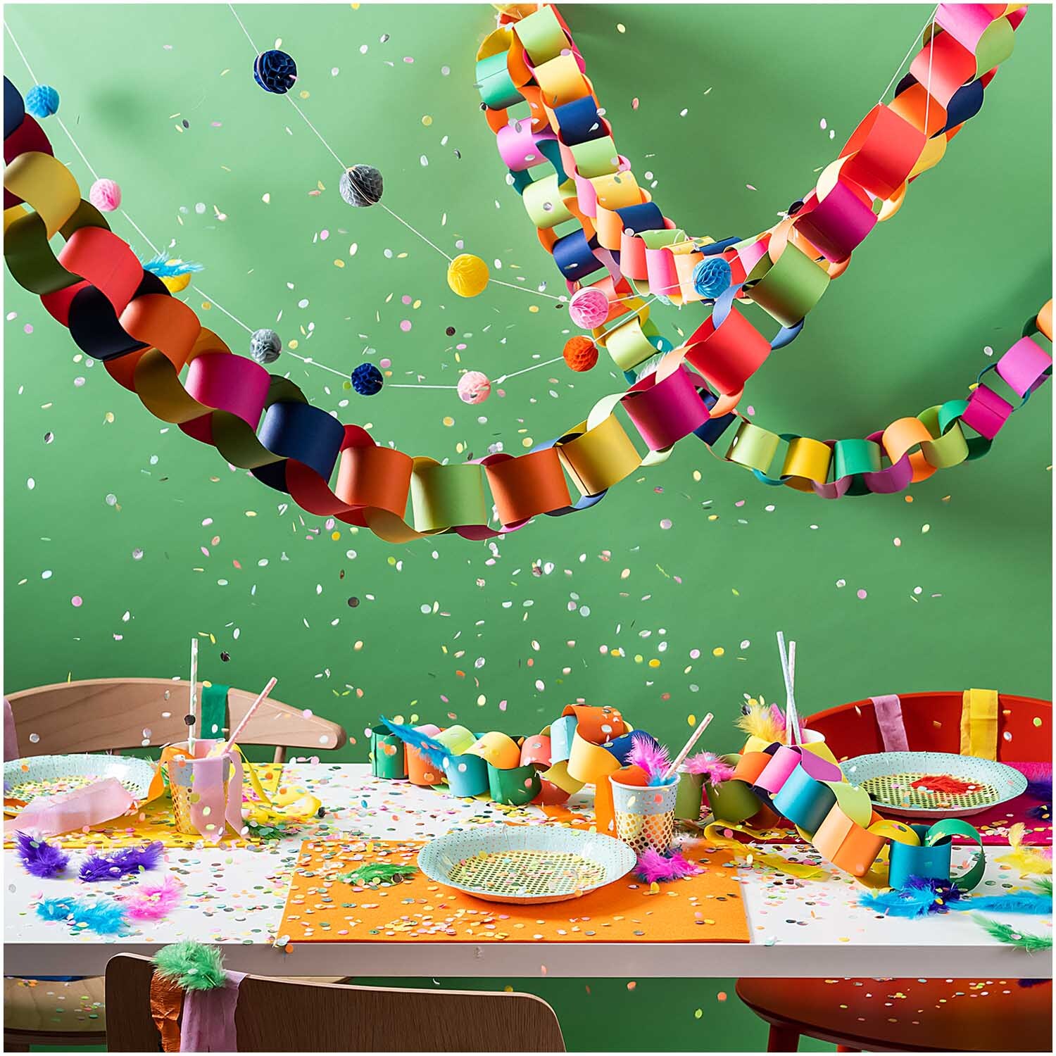 Konfetti Mix neon 20g: Bunte Partydekoration mit Papierketten und Konfetti auf einem gedeckten Tisch. Ideal für festliche Anlässe.